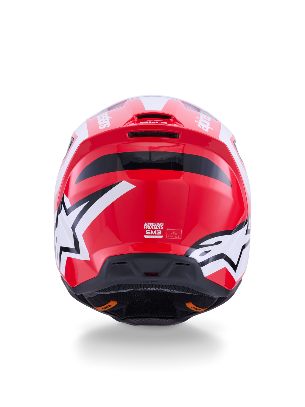 Alpinestars S-M3 Heat, capacete de motocross, vermelho e branco, vista traseira com logótipos de estrela e saídas de ar.