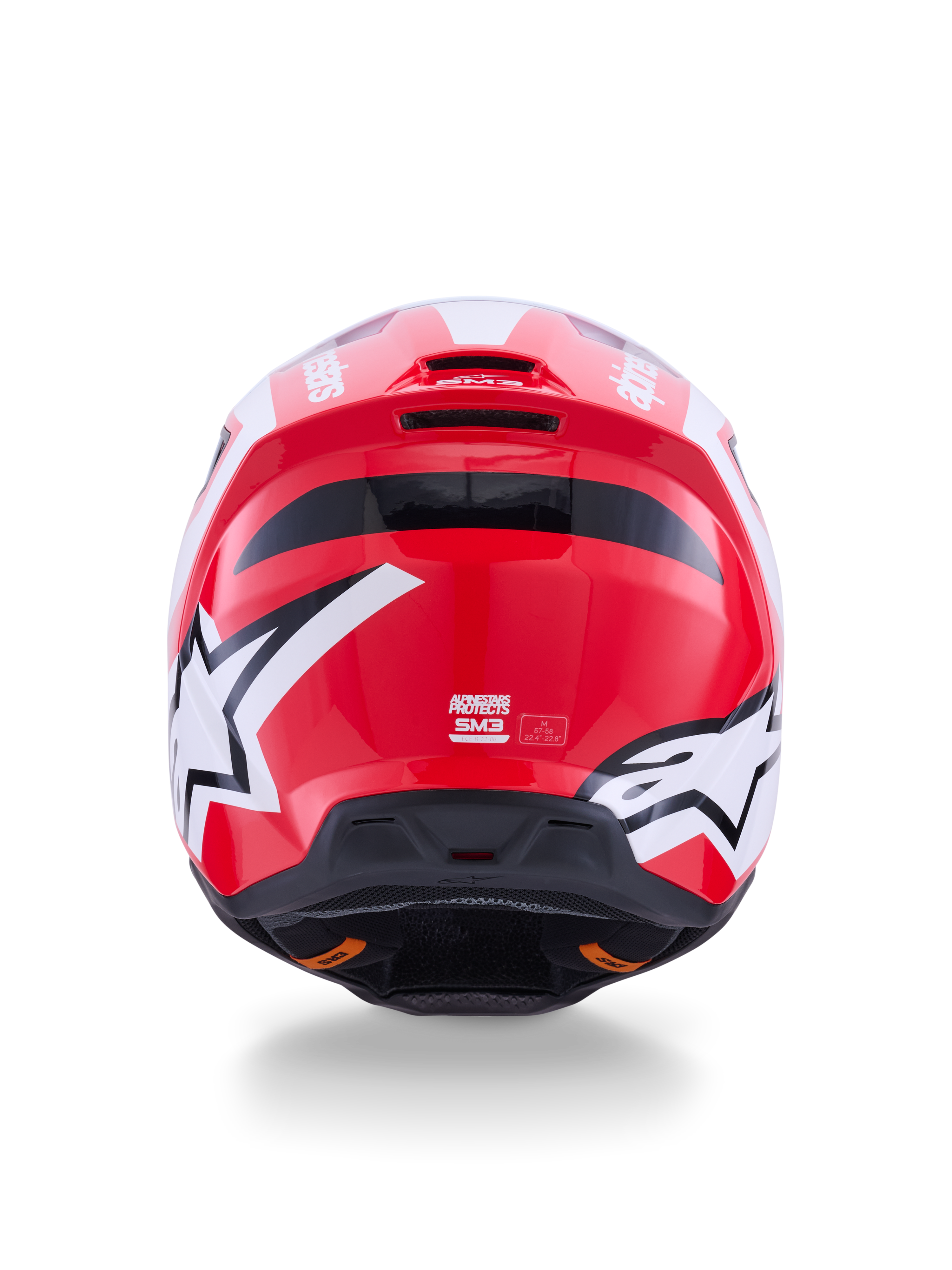Alpinestars S-M3 Heat, capacete de motocross, vermelho e branco, vista traseira com logótipos de estrela e saídas de ar.