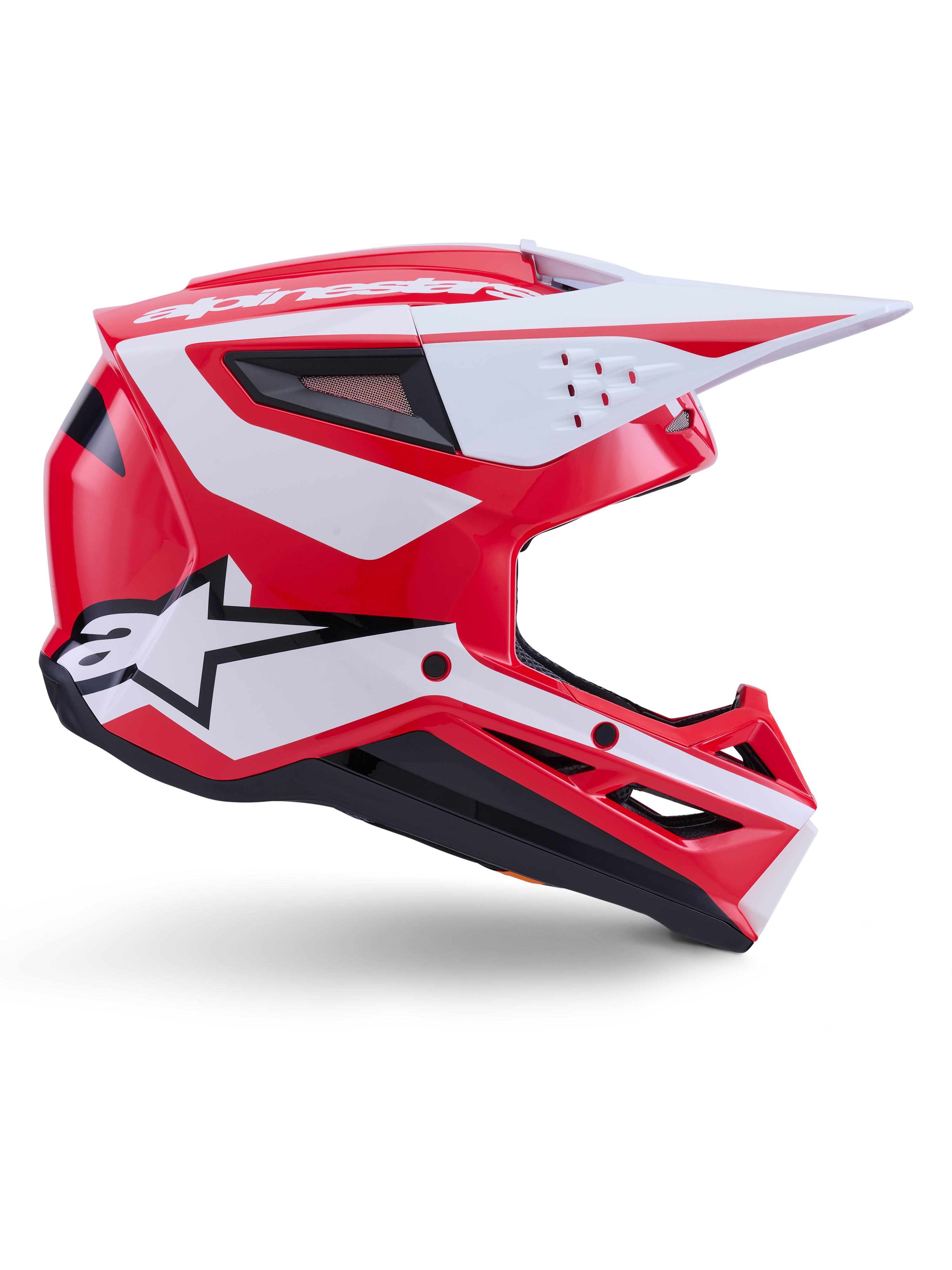 Alpinestars S-M3 Heat Helmet, glossy Red, White, and Black motocross helmet with ECE 22.06 certified off-road protection.
