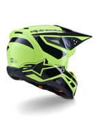 Capacete Alpinestars S-M3 Heat, capacete de motocross, amarelo fluorescente e preto brilhante, vista traseira de três quartos apresentando um casco aerodinâmico com aberturas de ventilação integradas e logótipo Alpinestars em preto, acabamento de alto brilho para performance todo-o-terreno.