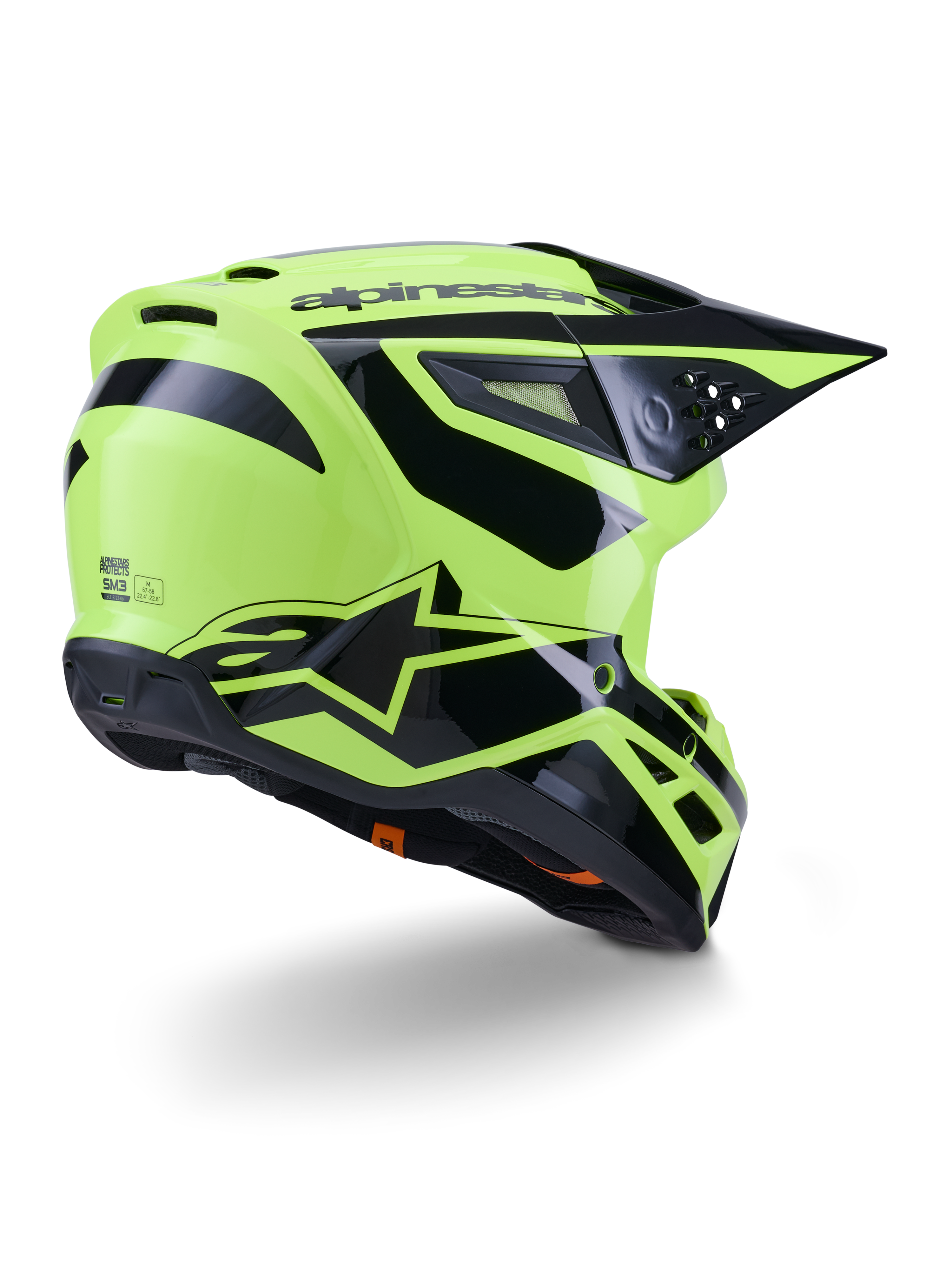 Capacete Alpinestars S-M3 Heat, capacete de motocross, amarelo fluorescente e preto brilhante, vista traseira de três quartos apresentando um casco aerodinâmico com aberturas de ventilação integradas e logótipo Alpinestars em preto, acabamento de alto brilho para performance todo-o-terreno.
