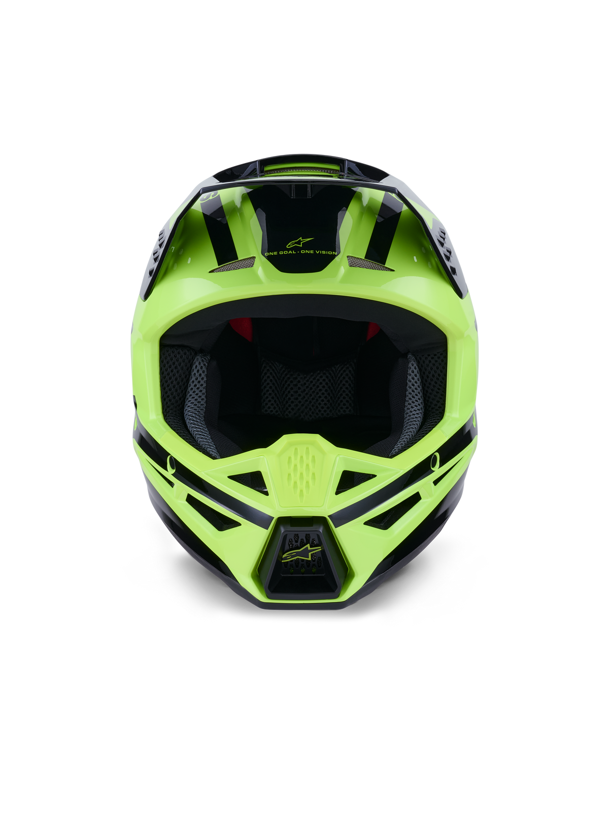 Capacete Alpinestars S-M3 Heat, vista frontal, amarelo fluo e preto brilhante, capacete profissional de motocross e todo-o-terreno, com mentoneira ventilada e design aerodinâmico elegante com detalhes em preto.