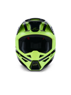 Capacete Alpinestars S-M3 Heat, vista frontal, amarelo fluo e preto brilhante, capacete profissional de motocross e todo-o-terreno, com mentoneira ventilada e design aerodinâmico elegante com detalhes em preto.