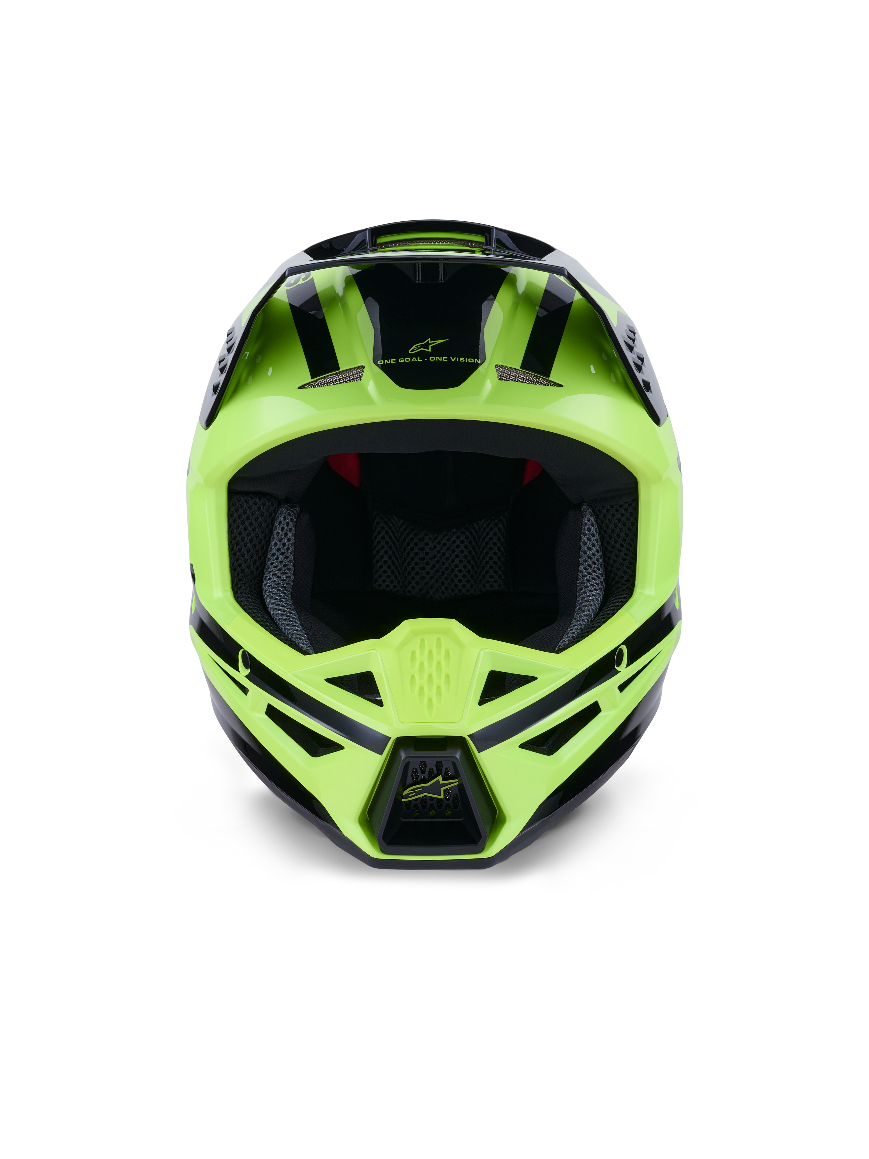 Capacete Alpinestars S-M3 Heat, vista frontal, amarelo fluo e preto brilhante, capacete profissional de motocross e todo-o-terreno, com mentoneira ventilada e design aerodinâmico elegante com detalhes em preto.