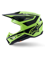 Capacete Alpinestars S-M3 Heat, capacete de motocross, amarelo néon e preto brilhante, vista de perfil lateral, com calota angular termo-injetada, viseira integrada, aberturas de ventilação e logótipo Alpinestars em destaque, concebido para performance off-road