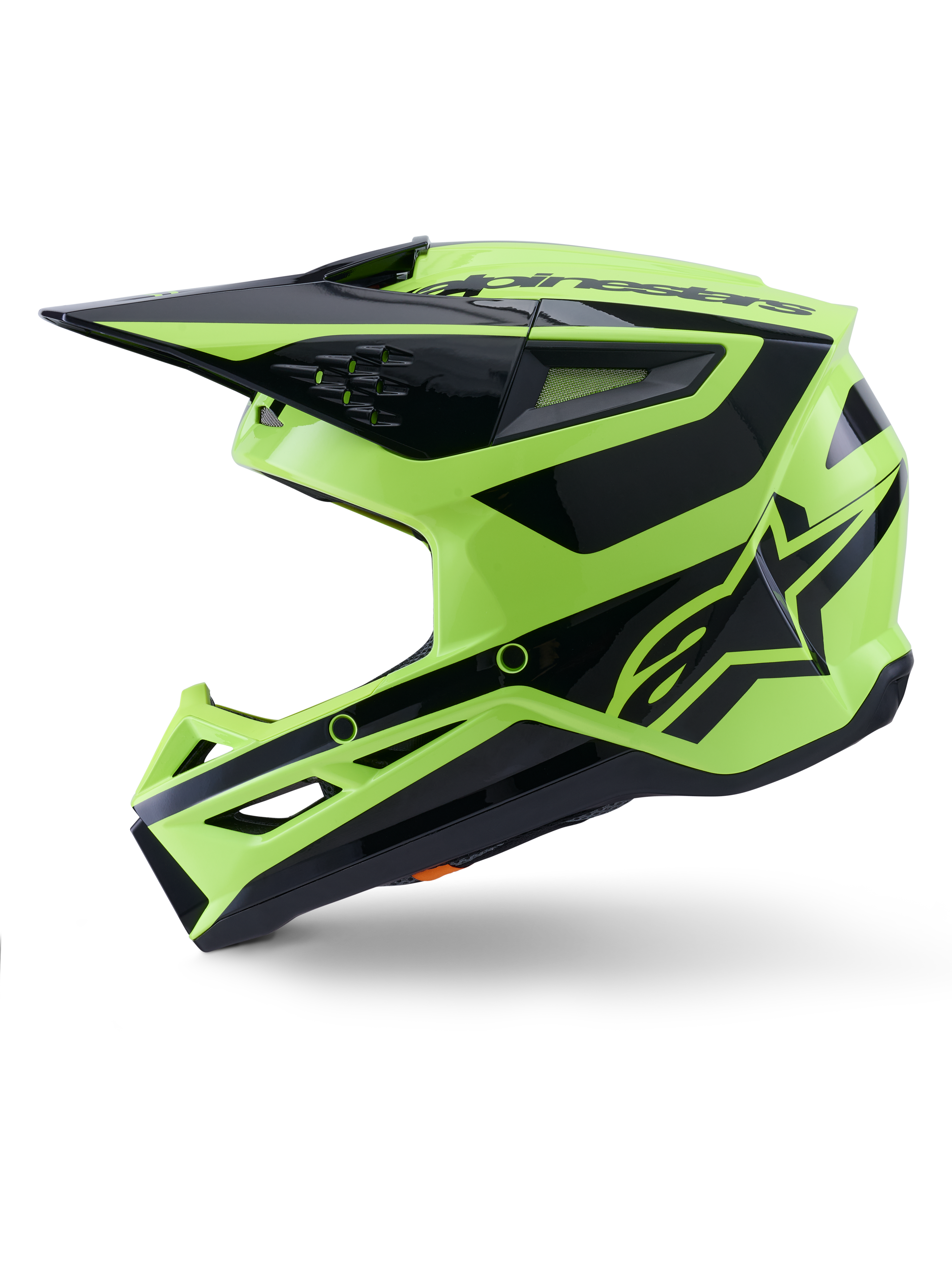 Capacete Alpinestars S-M3 Heat, capacete de motocross, amarelo néon e preto brilhante, vista de perfil lateral, com calota angular termo-injetada, viseira integrada, aberturas de ventilação e logótipo Alpinestars em destaque, concebido para performance off-road