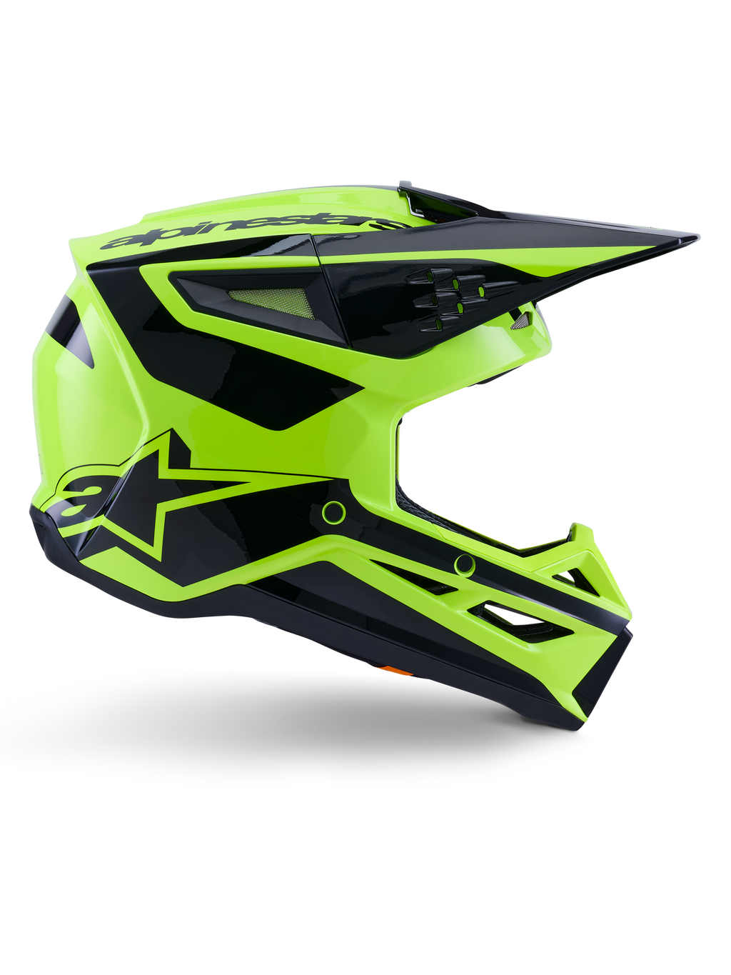 Capacete Alpinestars S-M3 Heat, capacete de motocross off-road, amarelo néon e preto brilhante, certificado ECE 22.06, perfil lateral com um design angular e viseira pontiaguda, múltiplas aberturas de ventilação e gráficos geométricos pretos arrojados, incluindo o logótipo A-star