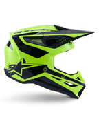 Capacete Alpinestars S-M3 Heat, capacete de motocross off-road, amarelo néon e preto brilhante, certificado ECE 22.06, perfil lateral com um design angular e viseira pontiaguda, múltiplas aberturas de ventilação e gráficos geométricos pretos arrojados, incluindo o logótipo A-star