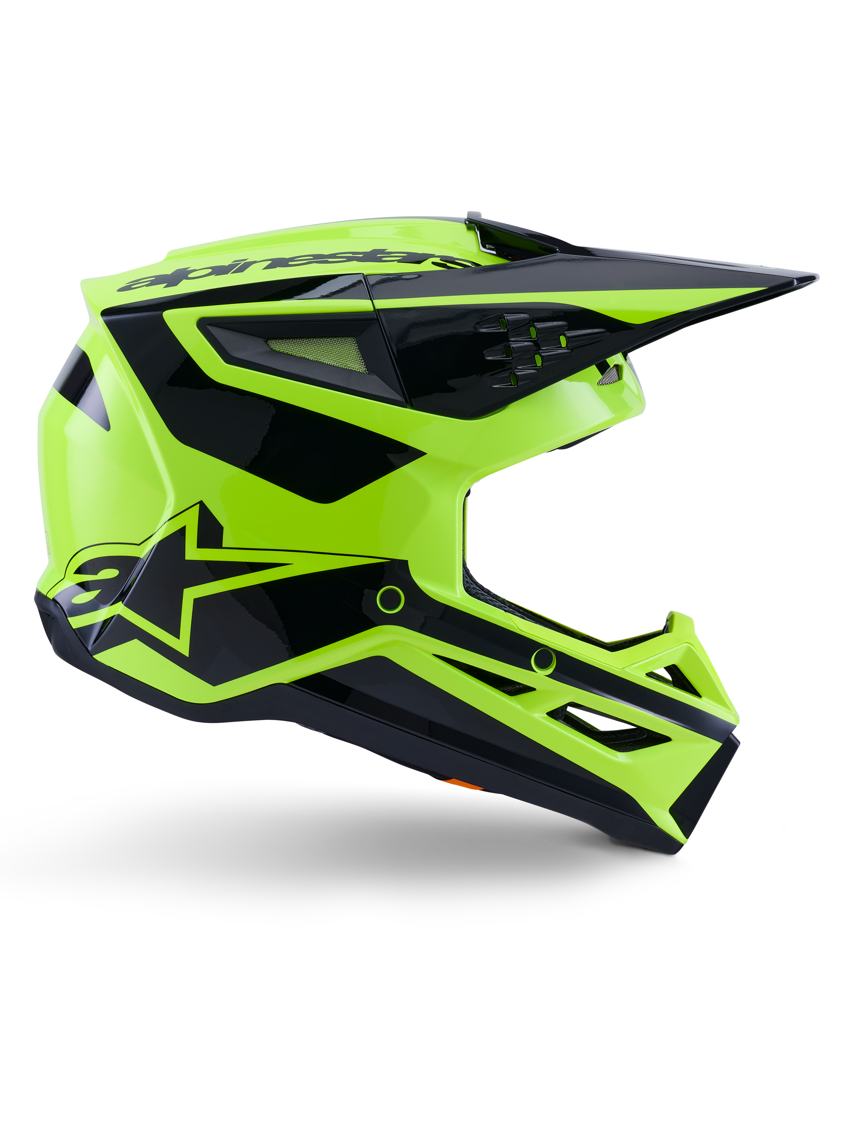 Alpinestars S-M3 Heat Helmet, Motocross Off-Road Helmet, Yellow Fluo and Black Glossy, ECE 22.06 certified, side profile featuring an angular design with a pointed visor, multiple ventilation ports, and bold black geometric graphics including the A-star logo.