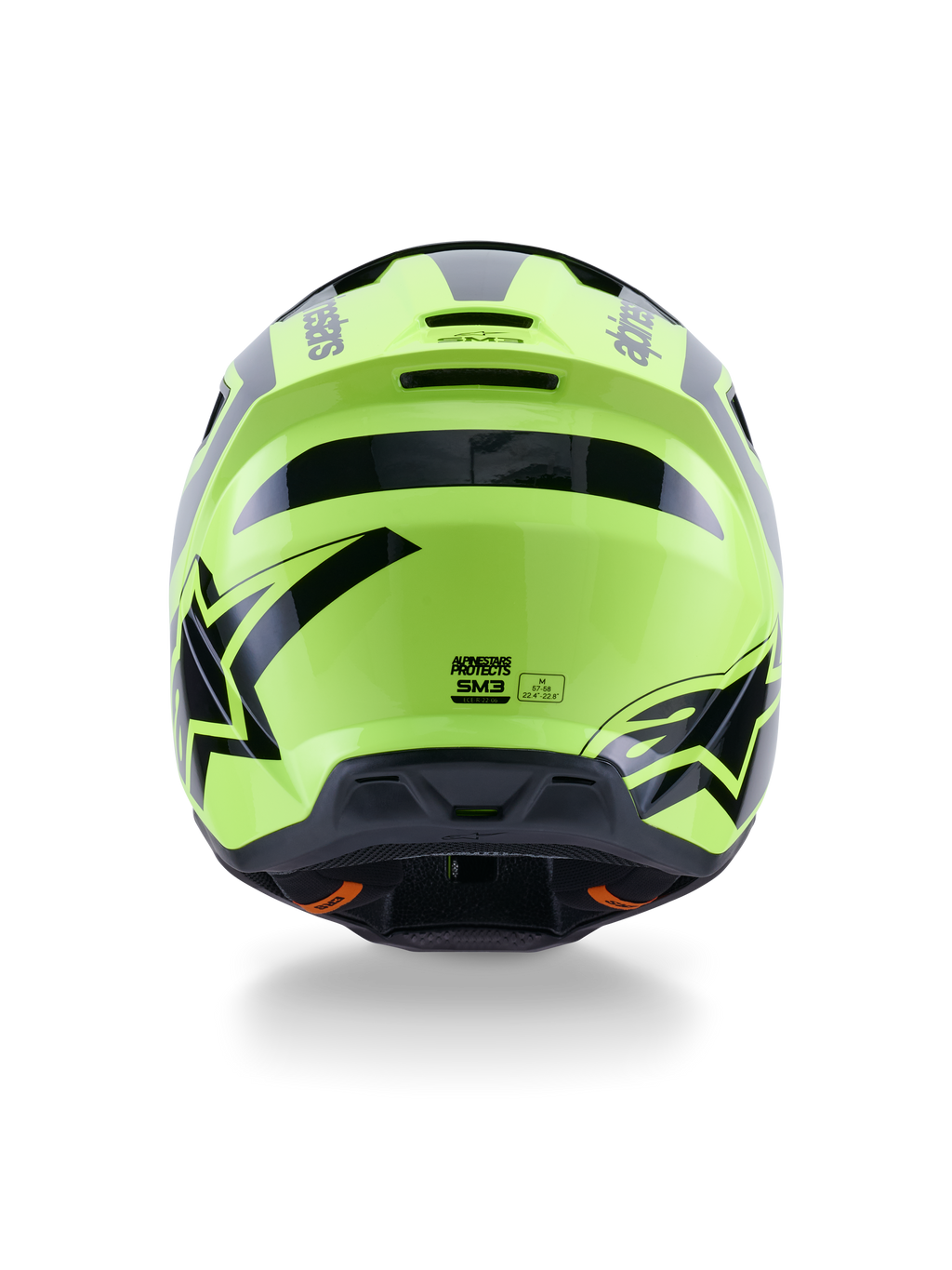 Capacete Alpinestars S-M3 Heat, capacete de motocross, amarelo néon e preto brilhante, vista traseira com gráficos pretos arrojados e logótipos Alpinestars, calota aerodinâmica com entradas de ventilação integradas, equipamento de todo-o-terreno de alta visibilidade