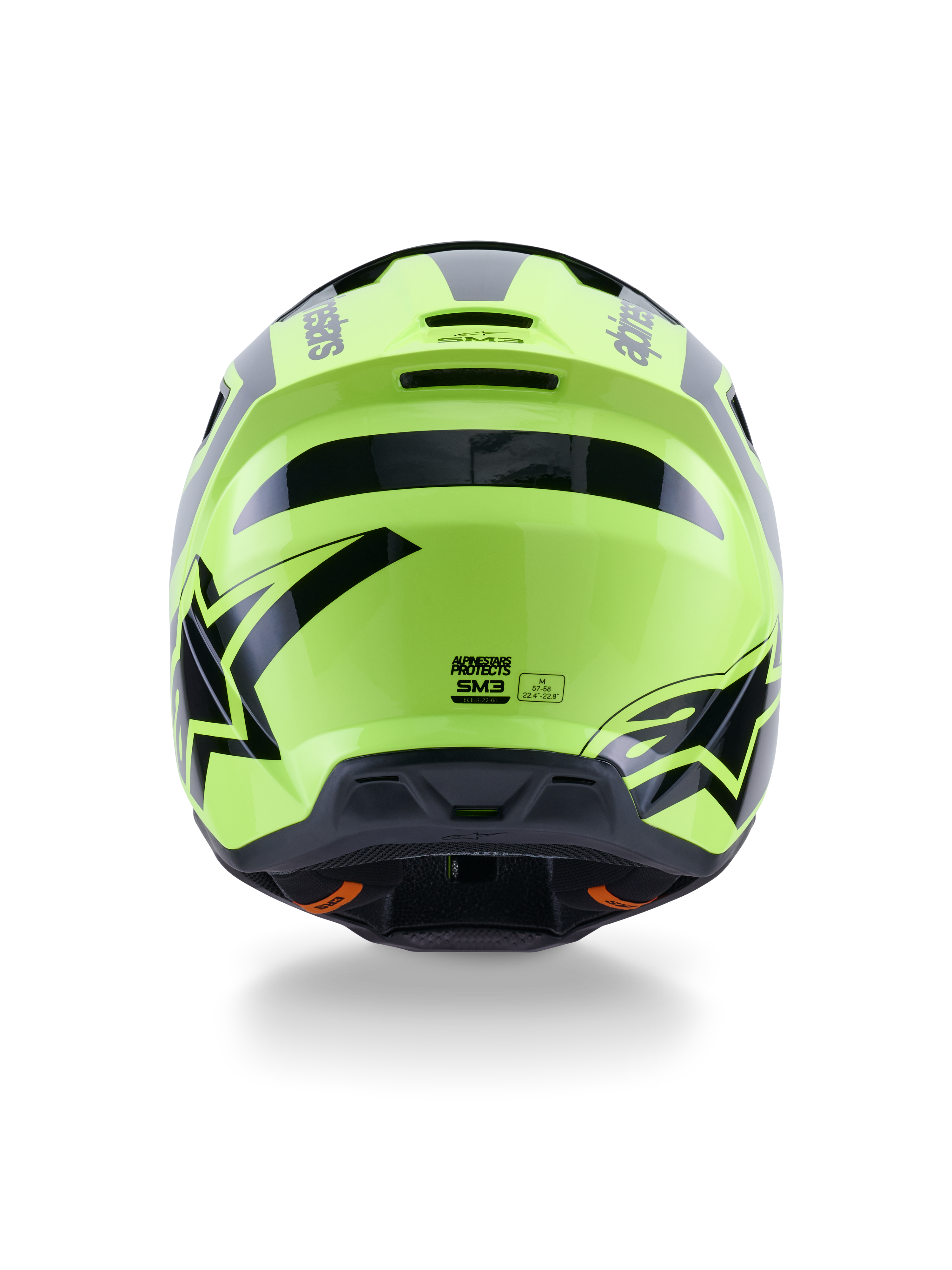 Capacete Alpinestars S-M3 Heat, capacete de motocross, amarelo néon e preto brilhante, vista traseira com gráficos pretos arrojados e logótipos Alpinestars, calota aerodinâmica com entradas de ventilação integradas, equipamento de todo-o-terreno de alta visibilidade