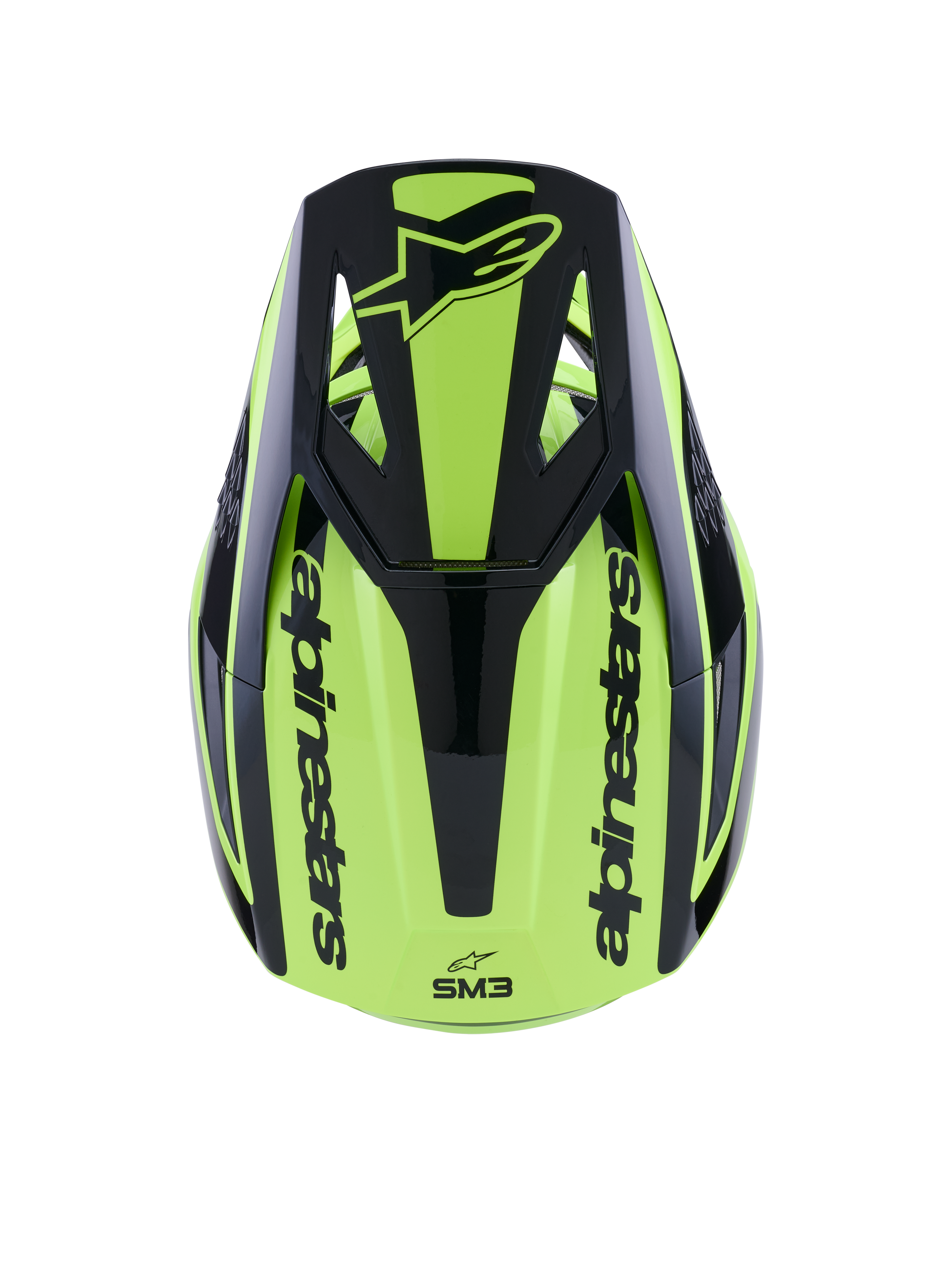 Capacete Alpinestars S-M3 Heat, capacete de motocross, amarelo néon e preto brilhante, vista superior com viseira preta com logótipo e marca Alpinestars nas laterais, calota termoinjetada para corridas todo-o-terreno
