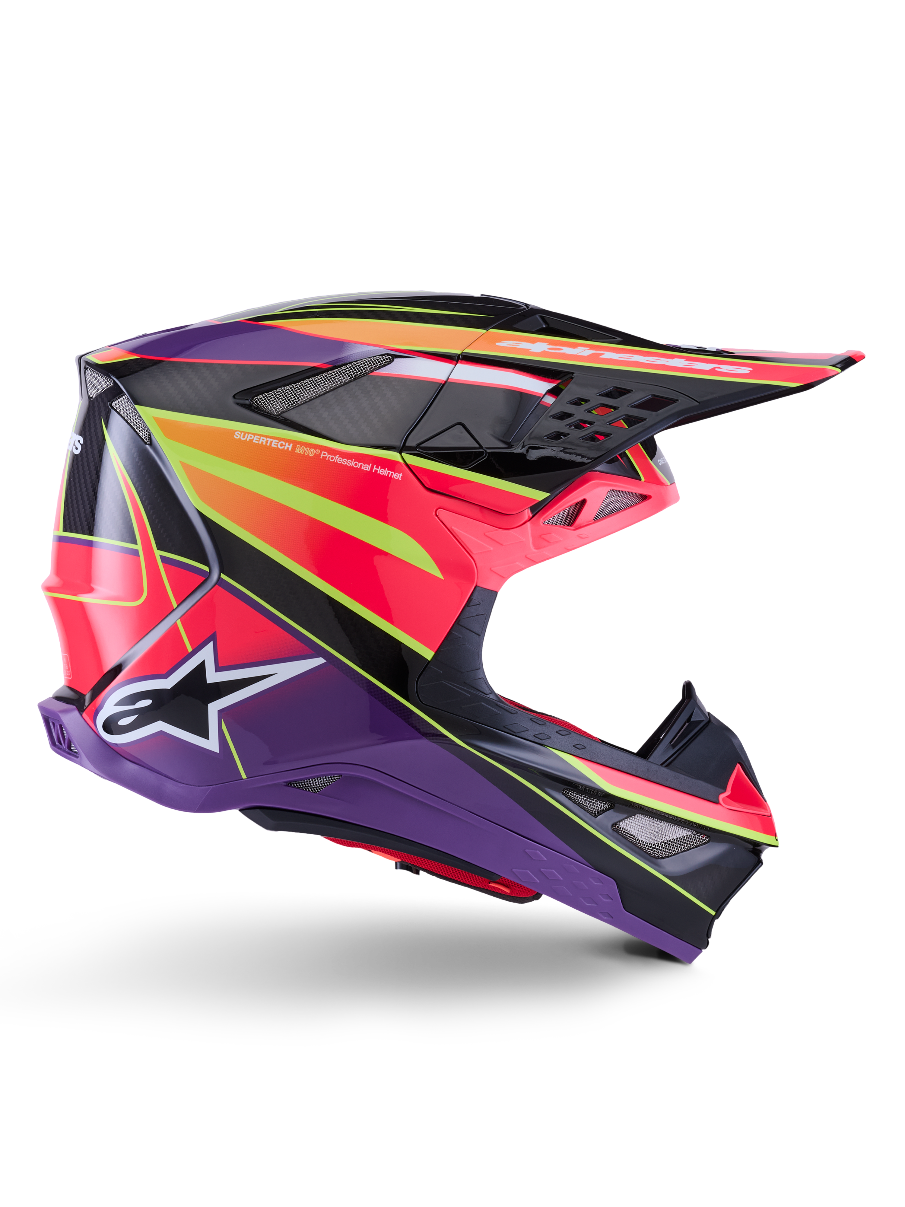 Alpinestars Supertech M10 Era Helmet, Motocross Helmet, Pink Violet and Yellow Fluo Glossy, side profile view, featuring a multi-composite carbon shell with vibrant geometric patterns, integrated ventilation ports, and white Alpinestars logo, designed for elite off-road performance