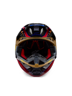 Alpinestars Supertech M10 Era Helmet, Motocross Helmet, Gold Yellow and Rio Red Glossy, front view showing carbon fiber shell details and red interior padding, aerodynamic design for off-road racing