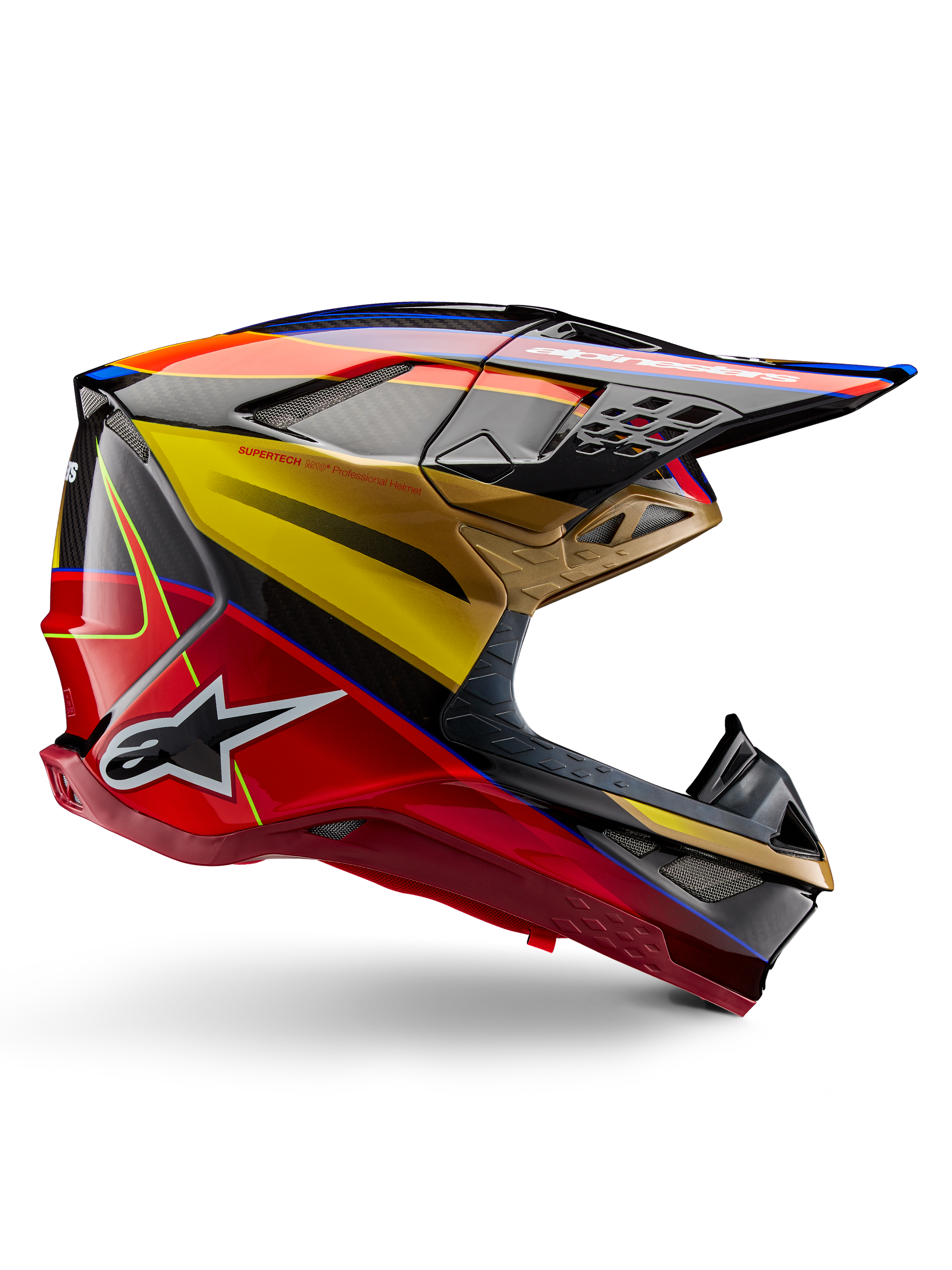 Capacete Alpinestars Supertech M10 Era, capacete de motocross, amarelo dourado e vermelho Rio brilhante com pormenores em azul e preto, design aerodinâmico com viseira integrada, múltiplas aberturas de ventilação com rede e detalhes em fibra de carbono, certificado ECE 22.06