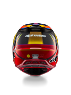 Alpinestars Supertech M10 Era Helmet, Motocross Helmet, Gold Yellow and Rio Red Glossy, rear view featuring white Alpinestars branding, MIPS logo, and aerodynamic ventilation ports, multi-composite carbon fiber construction with blue accents