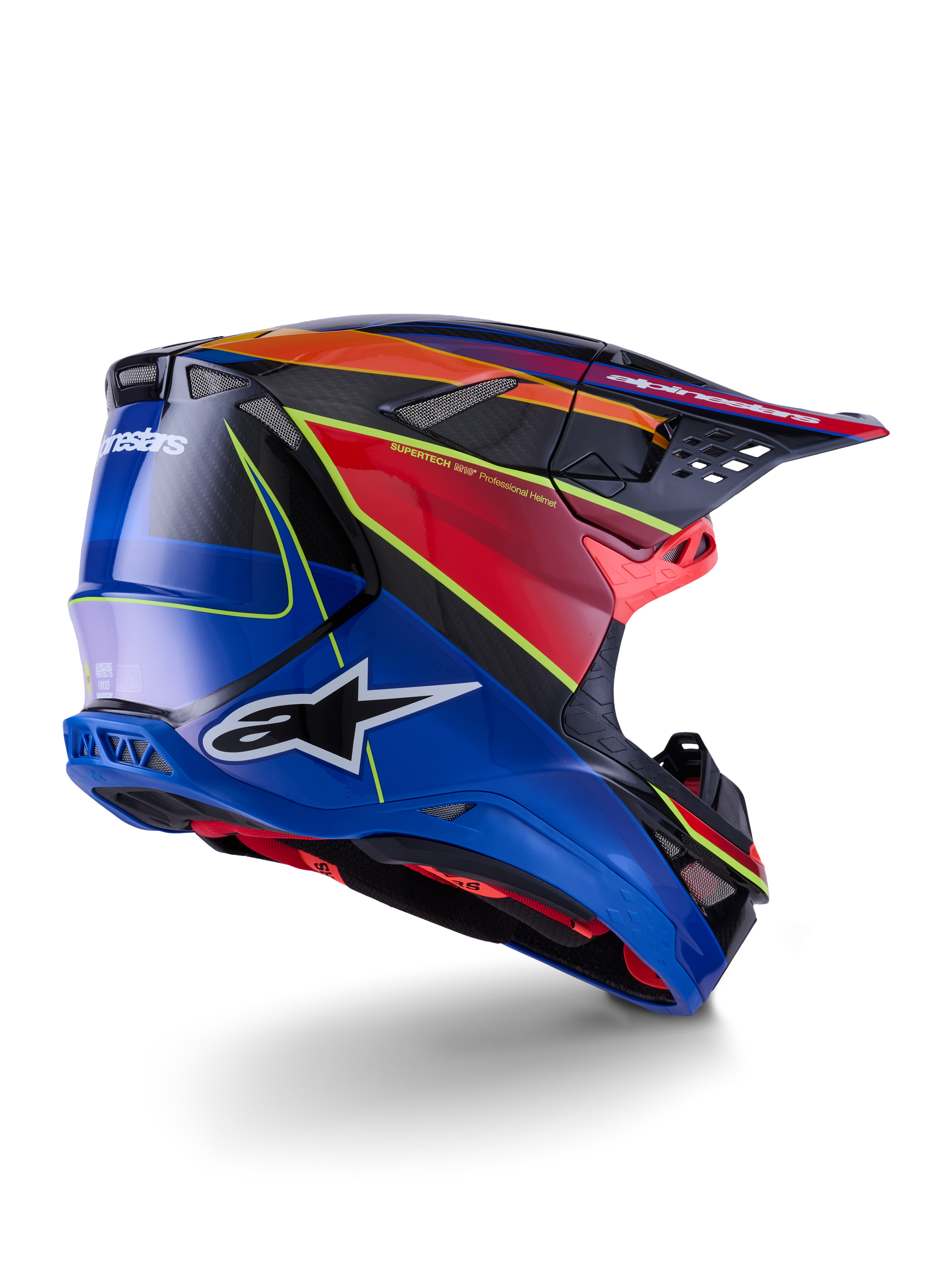 Capacete Alpinestars Supertech M10 Era, capacete de motocross, azul, vermelho e amarelo fluorescente brilhante, vista de perfil lateral traseira com detalhes em fibra de carbono, logótipo Alpinestars em destaque, aberturas de ventilação integradas e acabamento de alto brilho para performance off-road.
