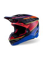 Capacete Alpinestars Supertech M10 Era, capacete de motocross, azul, vermelho e amarelo fluo brilhante, design de calota profissional em carbono multi-compósito com aberturas de ventilação avançadas e pala aerodinâmica para motocross.