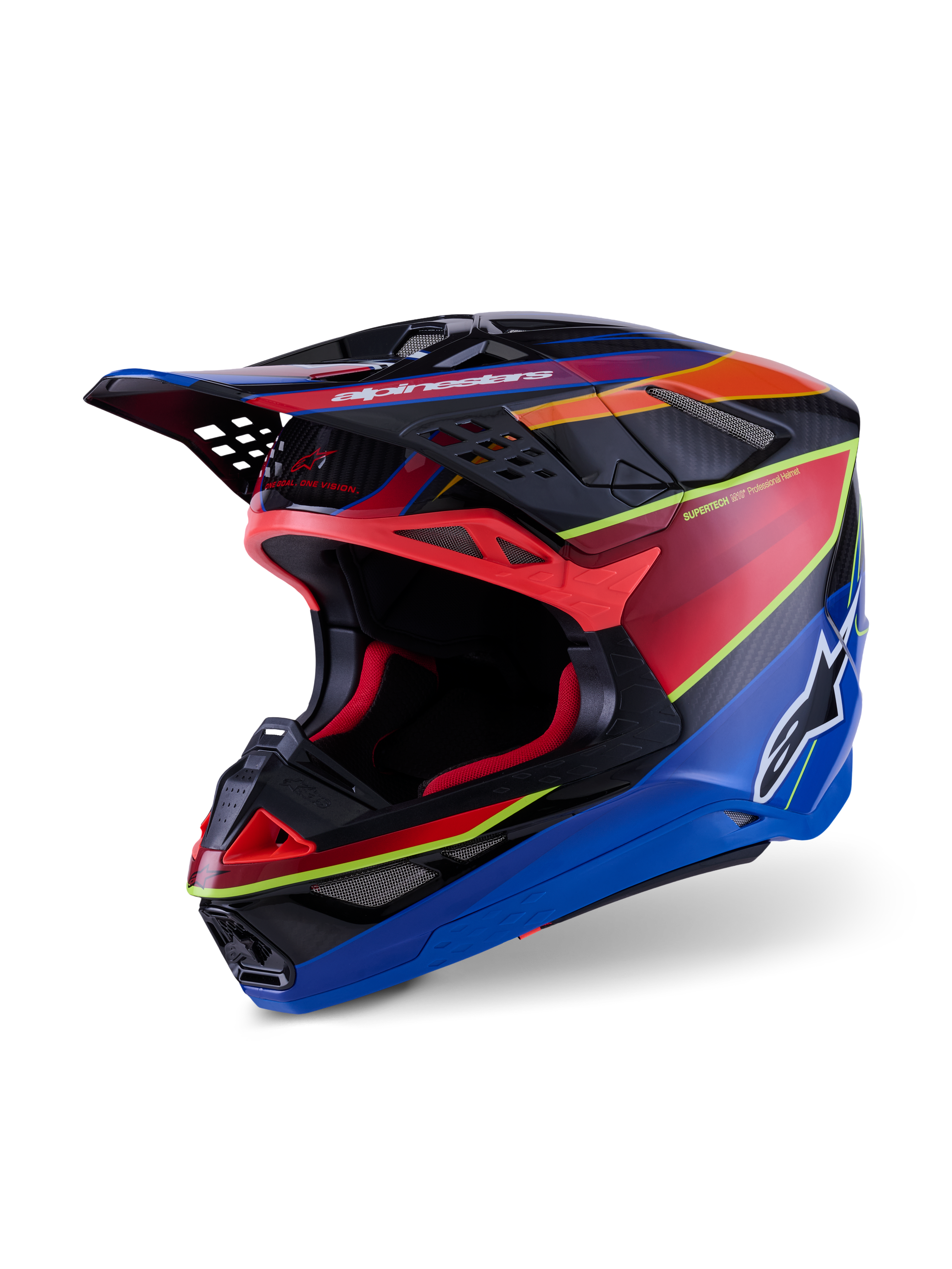 Capacete Alpinestars Supertech M10 Era, capacete de motocross, azul, vermelho e amarelo fluo brilhante, design de calota profissional em carbono multi-compósito com aberturas de ventilação avançadas e pala aerodinâmica para motocross.