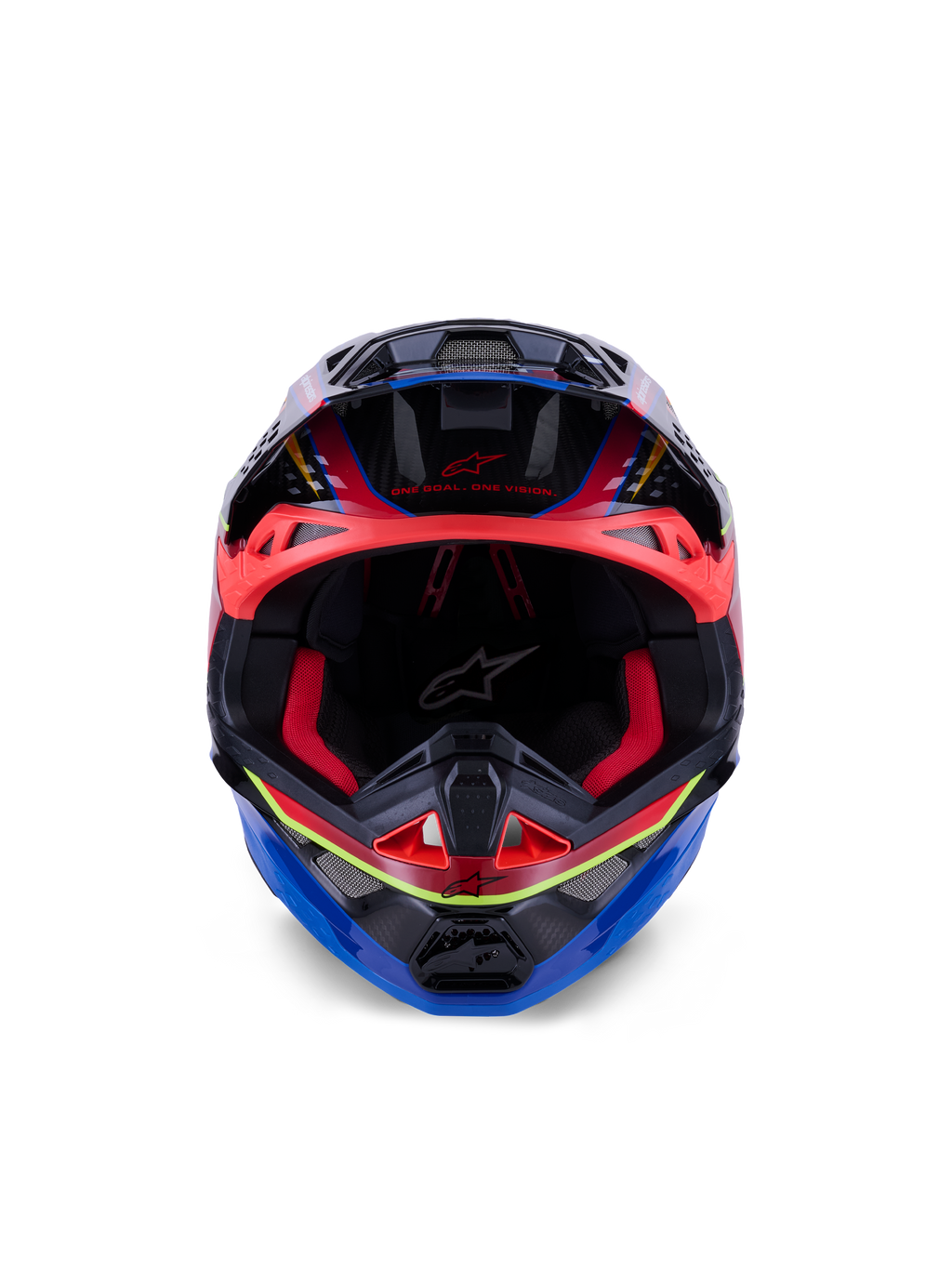 Capacete Alpinestars Supertech M10 Era, capacete de motocross, azul, vermelho e amarelo fluo brilhante, vista frontal mostrando o acolchoamento interior vermelho e entradas de ventilação agressivas, calota em carbono 3K brilhante com design aerodinâmico para corridas off-road