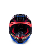 Capacete Alpinestars Supertech M10 Era, capacete de motocross, azul, vermelho e amarelo fluo brilhante, vista frontal mostrando o acolchoamento interior vermelho e entradas de ventilação agressivas, calota em carbono 3K brilhante com design aerodinâmico para corridas off-road