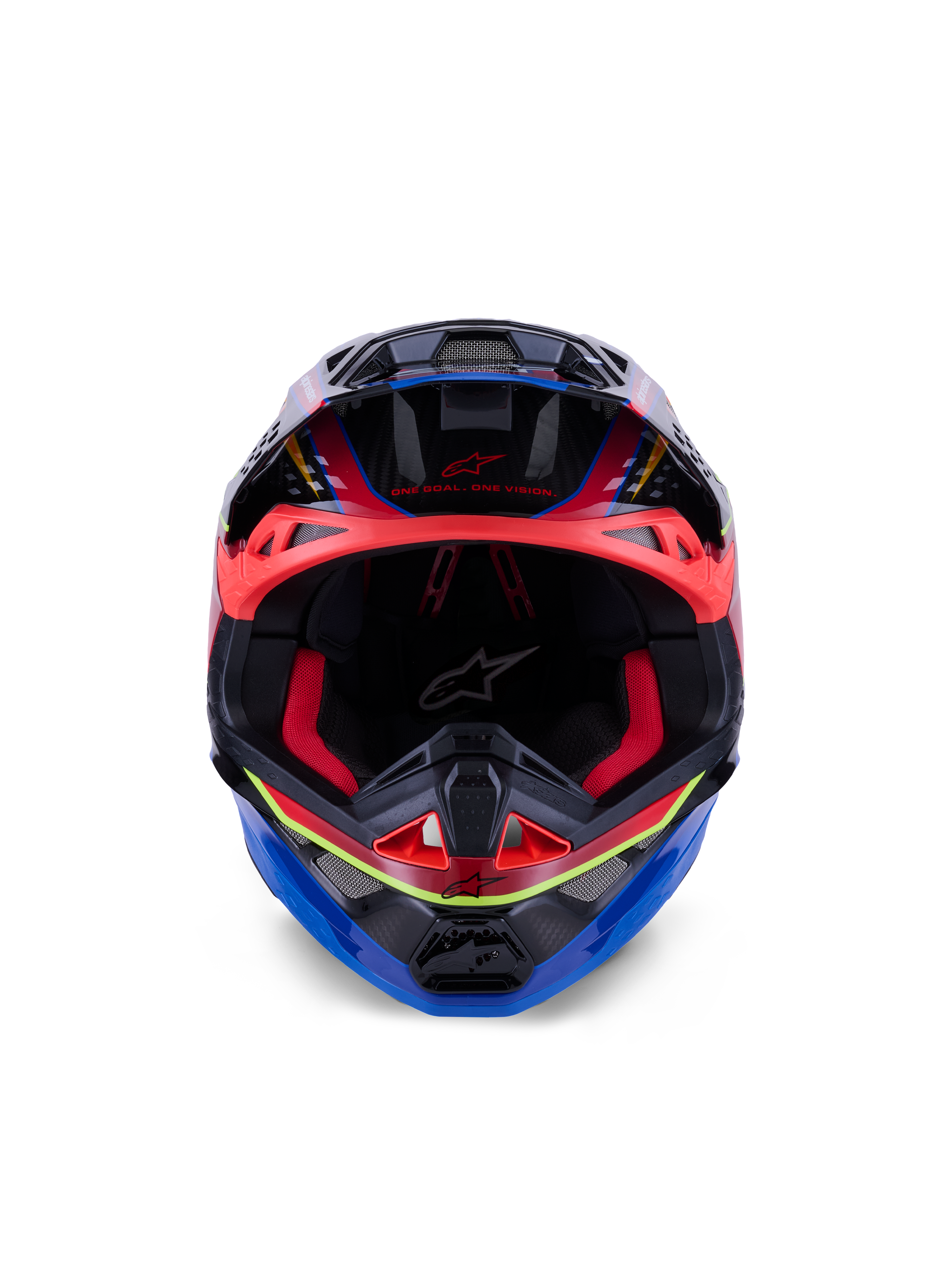 Capacete Alpinestars Supertech M10 Era, capacete de motocross, azul, vermelho e amarelo fluo brilhante, vista frontal mostrando o acolchoamento interior vermelho e entradas de ventilação agressivas, calota em carbono 3K brilhante com design aerodinâmico para corridas off-road