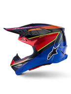 Capacete Alpinestars Supertech M10 Era, capacete de motocross, azul, vermelho e amarelo fluo brilhante, vista de perfil lateral com uma calota aerodinâmica em fibra de carbono, logótipo Alpinestars em destaque na lateral e múltiplas aberturas de ventilação, equipamento profissional de competição off-road