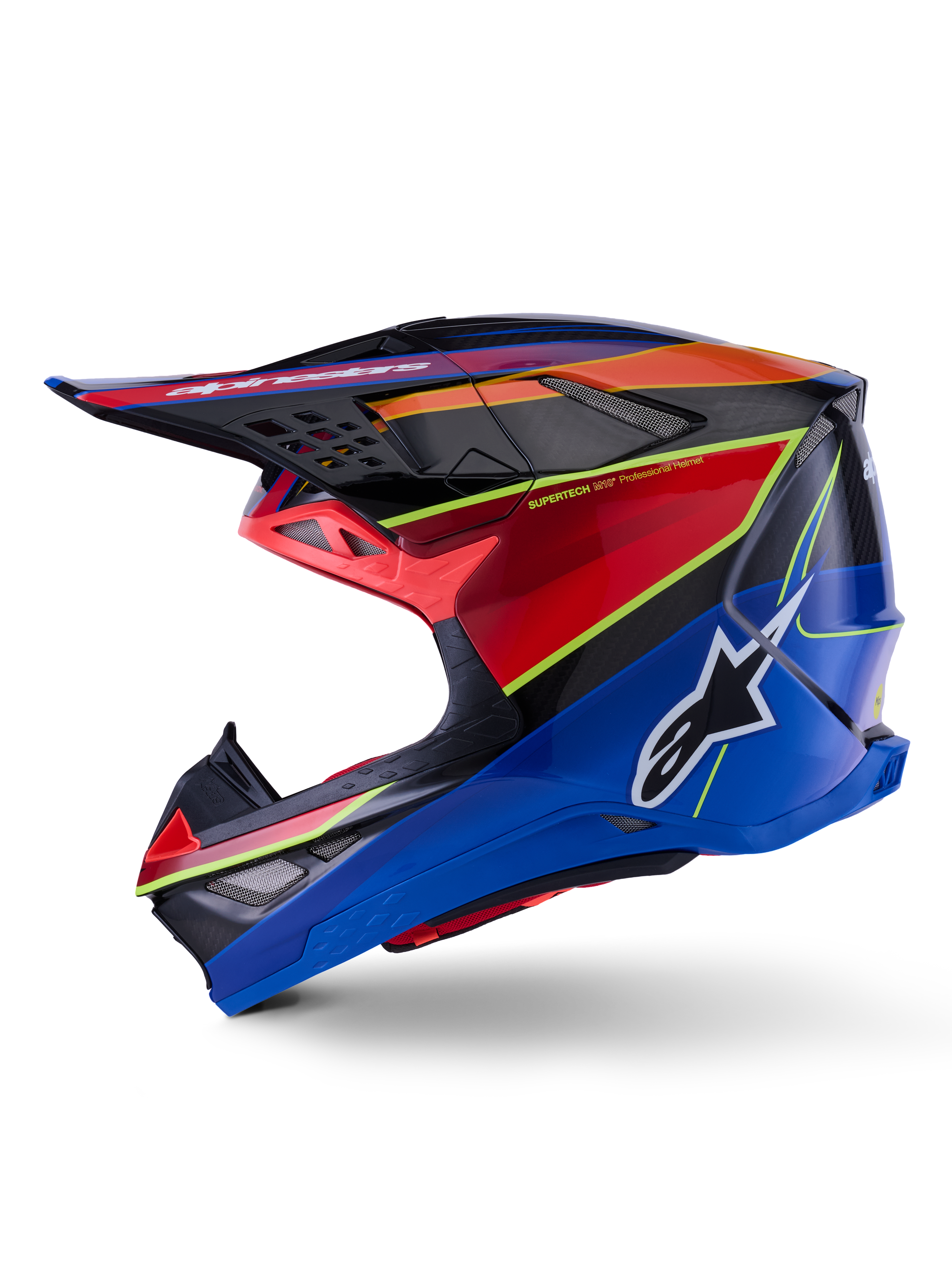 Capacete Alpinestars Supertech M10 Era, capacete de motocross, azul, vermelho e amarelo fluo brilhante, vista de perfil lateral com uma calota aerodinâmica em fibra de carbono, logótipo Alpinestars em destaque na lateral e múltiplas aberturas de ventilação, equipamento profissional de competição off-road