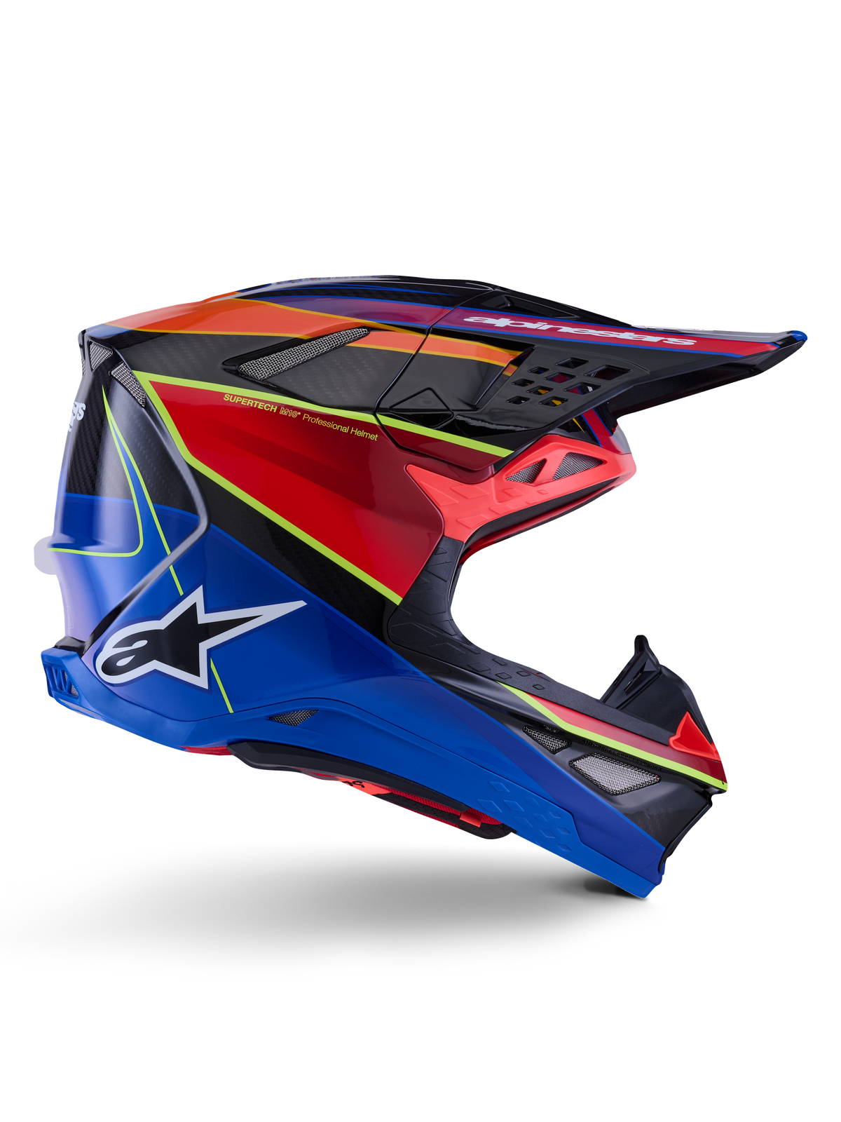 Capacete Alpinestars Supertech M10 Era, capacete de motocross, azul, vermelho e amarelo fluo brilhante, vista de perfil lateral mostrando a calota em carbono multi-compósito, logótipo Alpinestars branco, design aerodinâmico com múltiplas aberturas de ventilação para corridas off-road
