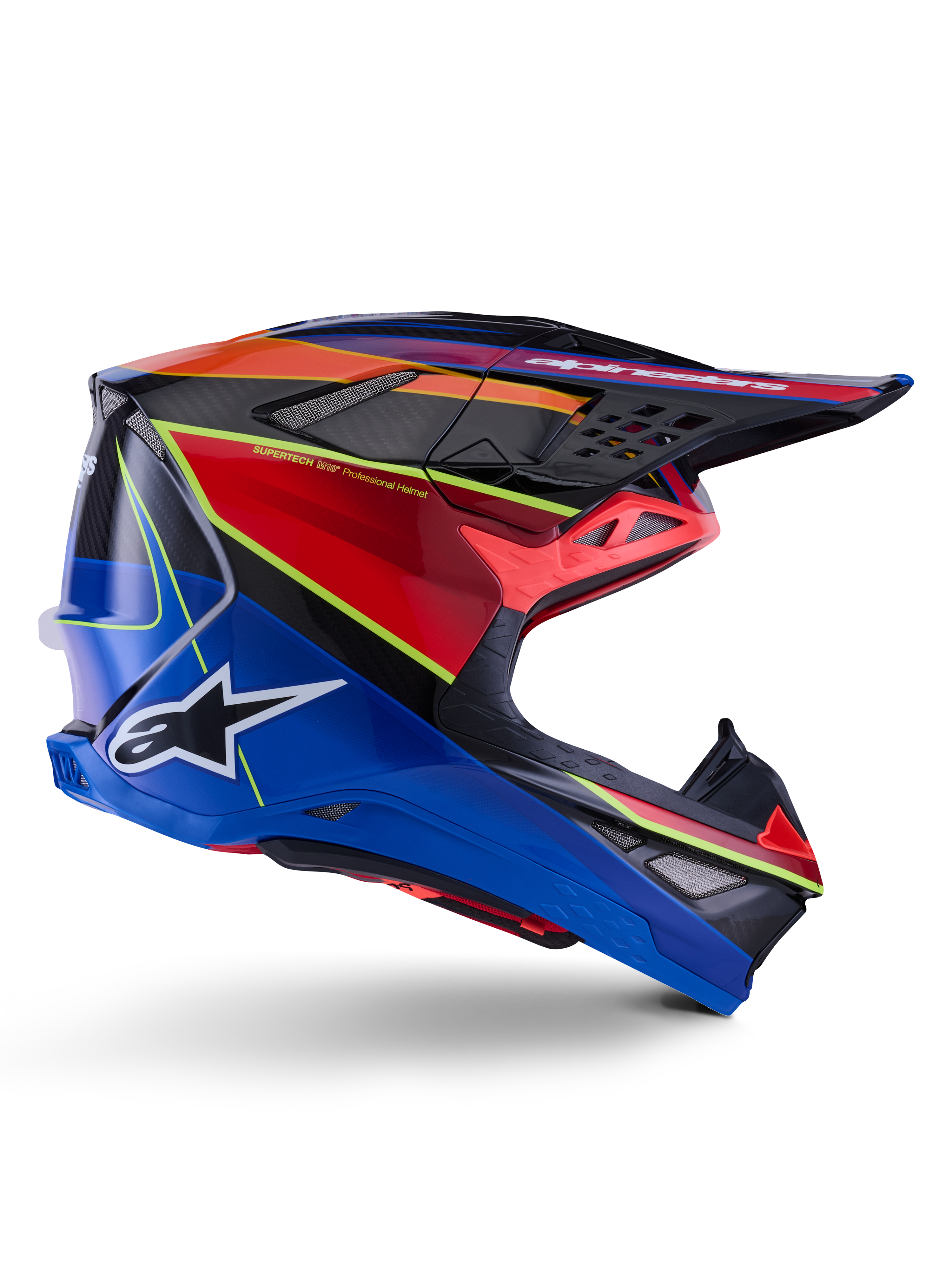 Capacete Alpinestars Supertech M10 Era, capacete de motocross, azul, vermelho e amarelo fluo brilhante, vista de perfil lateral mostrando a calota em carbono multi-compósito, logótipo Alpinestars branco, design aerodinâmico com múltiplas aberturas de ventilação para corridas off-road