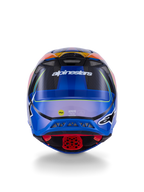 Capacete Alpinestars Supertech M10 Era, capacete de motocross, vista traseira, azul, vermelho e amarelo néon brilhante, com aberturas de ventilação, calota em compósito de carbono, logótipo Alpinestars e autocolante de segurança MIPS, proteção avançada para off-road