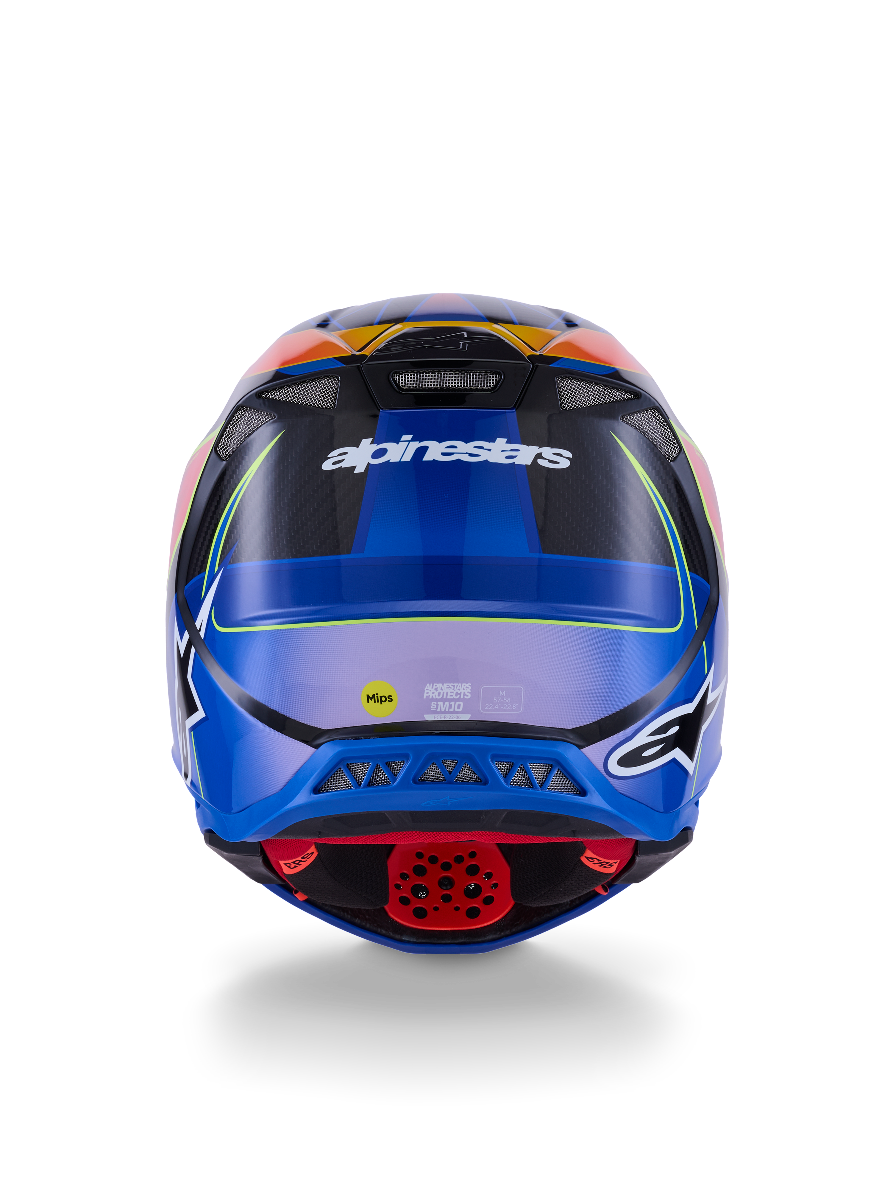 Capacete Alpinestars Supertech M10 Era, capacete de motocross, vista traseira, azul, vermelho e amarelo néon brilhante, com aberturas de ventilação, calota em compósito de carbono, logótipo Alpinestars e autocolante de segurança MIPS, proteção avançada para off-road