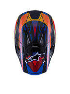 Capacete Alpinestars Supertech M10 Era, vista superior, acabamento brilhante em azul, vermelho e amarelo fluo, com concha em fibra de carbono, múltiplas entradas de ar com malha, logótipo Alpinestars na viseira, equipamento de proteção avançado para motocross