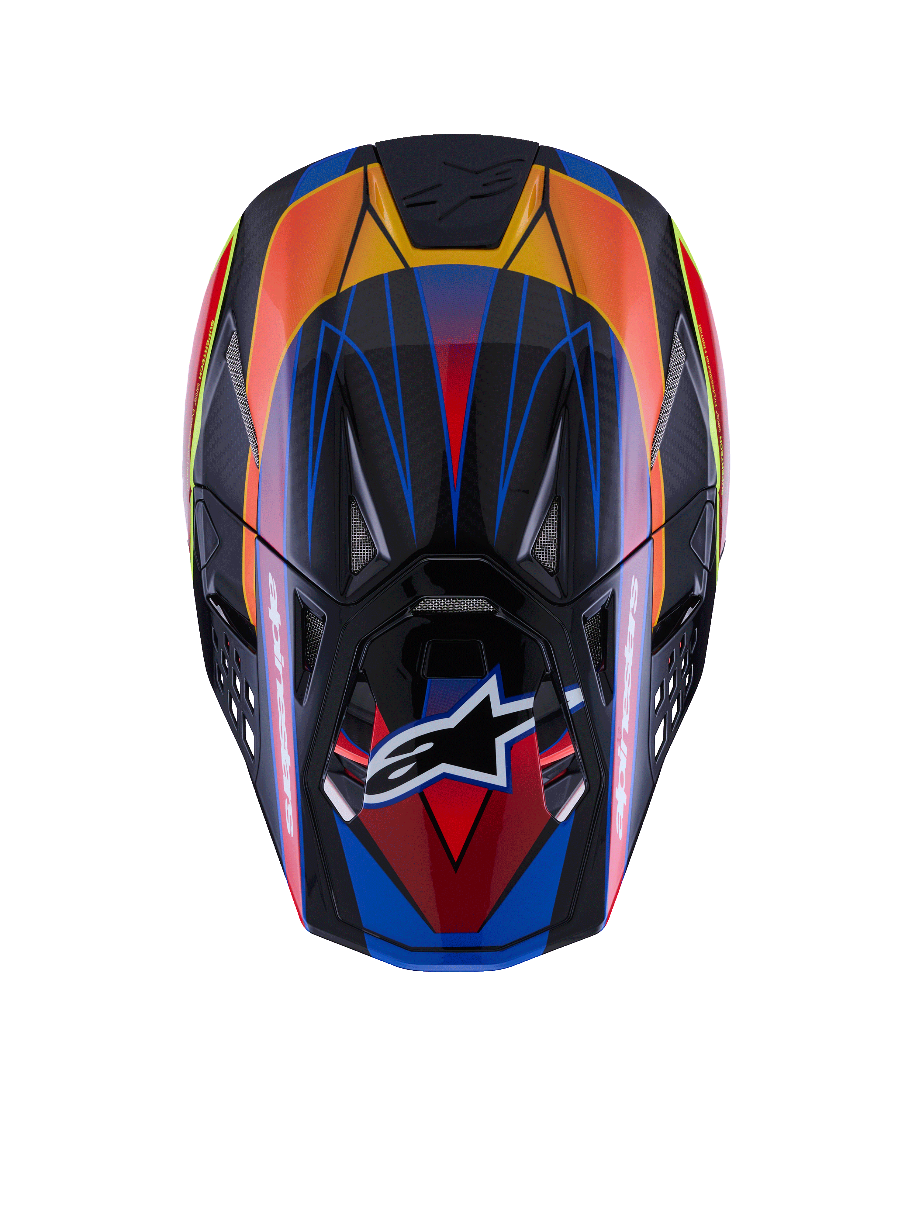 Capacete Alpinestars Supertech M10 Era, vista superior, acabamento brilhante em azul, vermelho e amarelo fluo, com concha em fibra de carbono, múltiplas entradas de ar com malha, logótipo Alpinestars na viseira, equipamento de proteção avançado para motocross