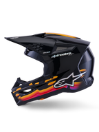 Alpinestars S-M3 Force OCD Helmet, Motocross Helmet, Black Glossy with vibrant orange, red, and purple wavy graphics, side view showing visor and ventilation ports, Alpinestars logo and branding, high-performance off-road racing gear