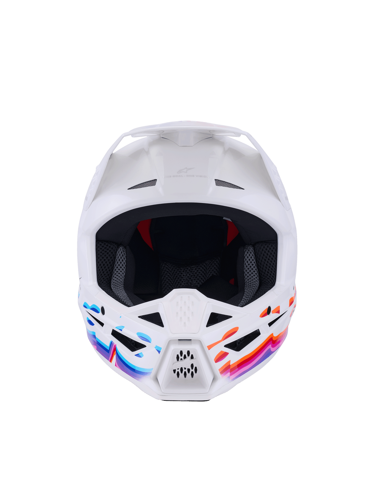 Capacete Alpinestars S-M3 Force OCD, capacete de motocross, branco brilhante com gráficos ondulados vibrantes em azul, rosa e laranja, vista frontal exibindo entradas de ventilação e viseira branca, proteção de cabeça de nível profissional para condução off-road