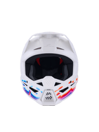 Capacete Alpinestars S-M3 Force OCD, capacete de motocross, branco brilhante com gráficos ondulados vibrantes em azul, rosa e laranja, vista frontal exibindo entradas de ventilação e viseira branca, proteção de cabeça de nível profissional para condução off-road