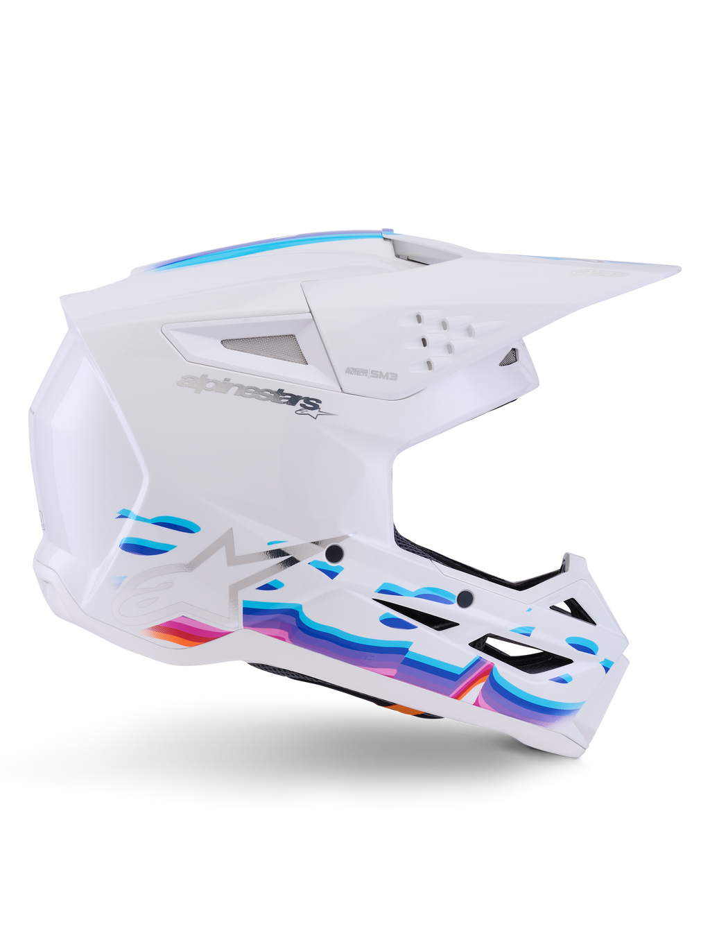 Capacete Alpinestars S-M3 Force OCD, Branco Brilhante, capacete de motocross com gráficos ondulados vibrantes em azul, roxo e laranja, perfil lateral com viseira aerodinâmica e múltiplas aberturas de ventilação