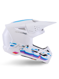Capacete Alpinestars S-M3 Force OCD, Branco Brilhante, capacete de motocross com gráficos ondulados vibrantes em azul, roxo e laranja, perfil lateral com viseira aerodinâmica e múltiplas aberturas de ventilação