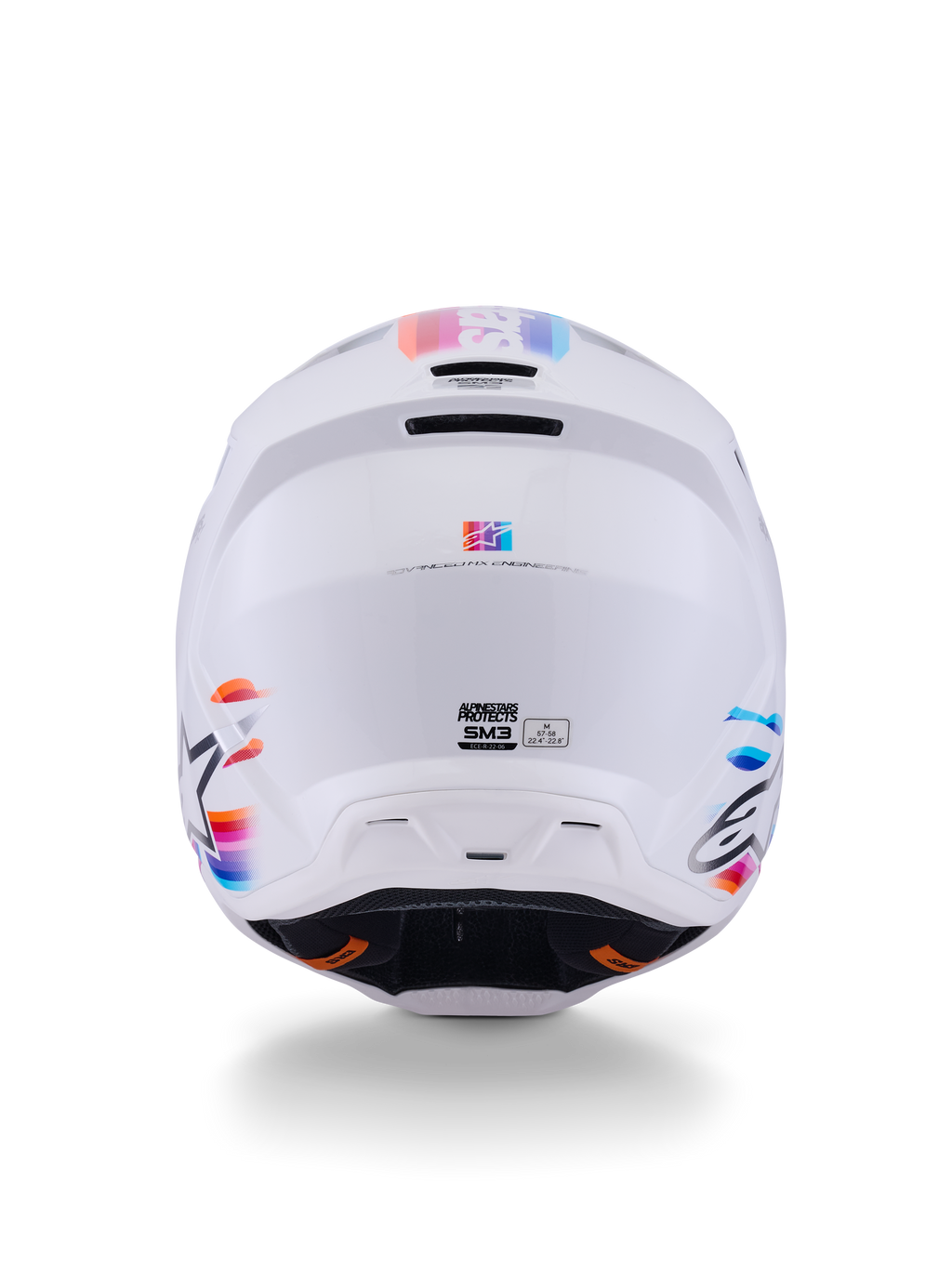 Alpinestars S-M3 Force OCD, capacete de motocross, branco brilhante, vista traseira com detalhes de riscas multicoloridas em azul, laranja e rosa, calota elegante termo-injetada com aberturas de ventilação e logótipo Alpinestars, proteção de cabeça profissional para condução em todo-o-terreno