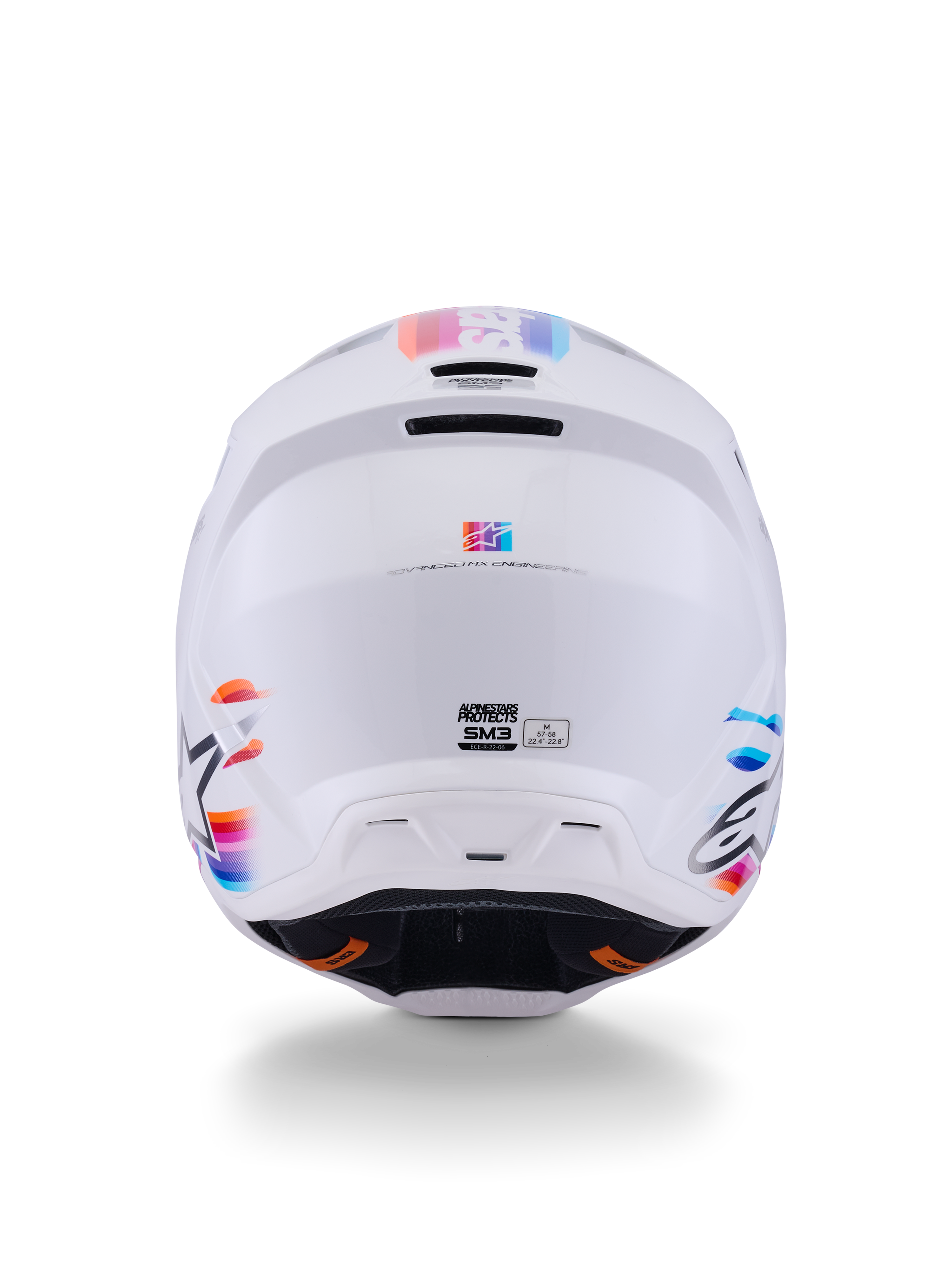Alpinestars S-M3 Force OCD, capacete de motocross, branco brilhante, vista traseira com detalhes de riscas multicoloridas em azul, laranja e rosa, calota elegante termo-injetada com aberturas de ventilação e logótipo Alpinestars, proteção de cabeça profissional para condução em todo-o-terreno