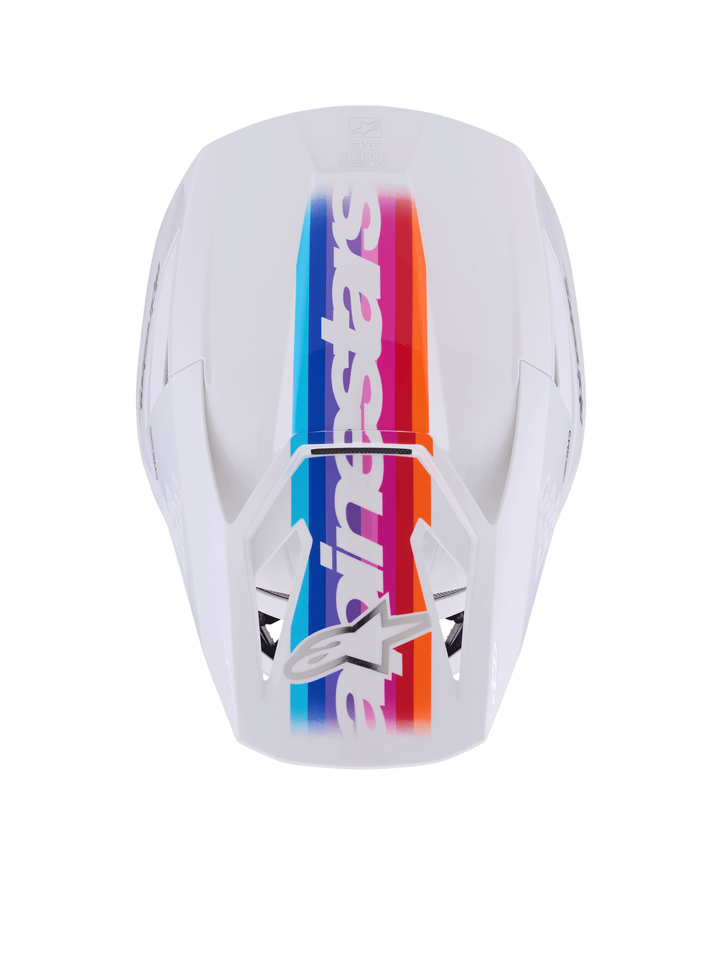 Capacete Alpinestars S-M3 Force OCD, capacete de motocross, branco brilhante, vista superior com uma vibrante risca central multicolorida em azul, roxo, vermelho e laranja, marca Alpinestars branca e logótipo de estrela, proteção de cabeça profissional para off-road