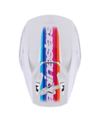 Capacete Alpinestars S-M3 Force OCD, capacete de motocross, branco brilhante, vista superior com uma vibrante risca central multicolorida em azul, roxo, vermelho e laranja, marca Alpinestars branca e logótipo de estrela, proteção de cabeça profissional para off-road