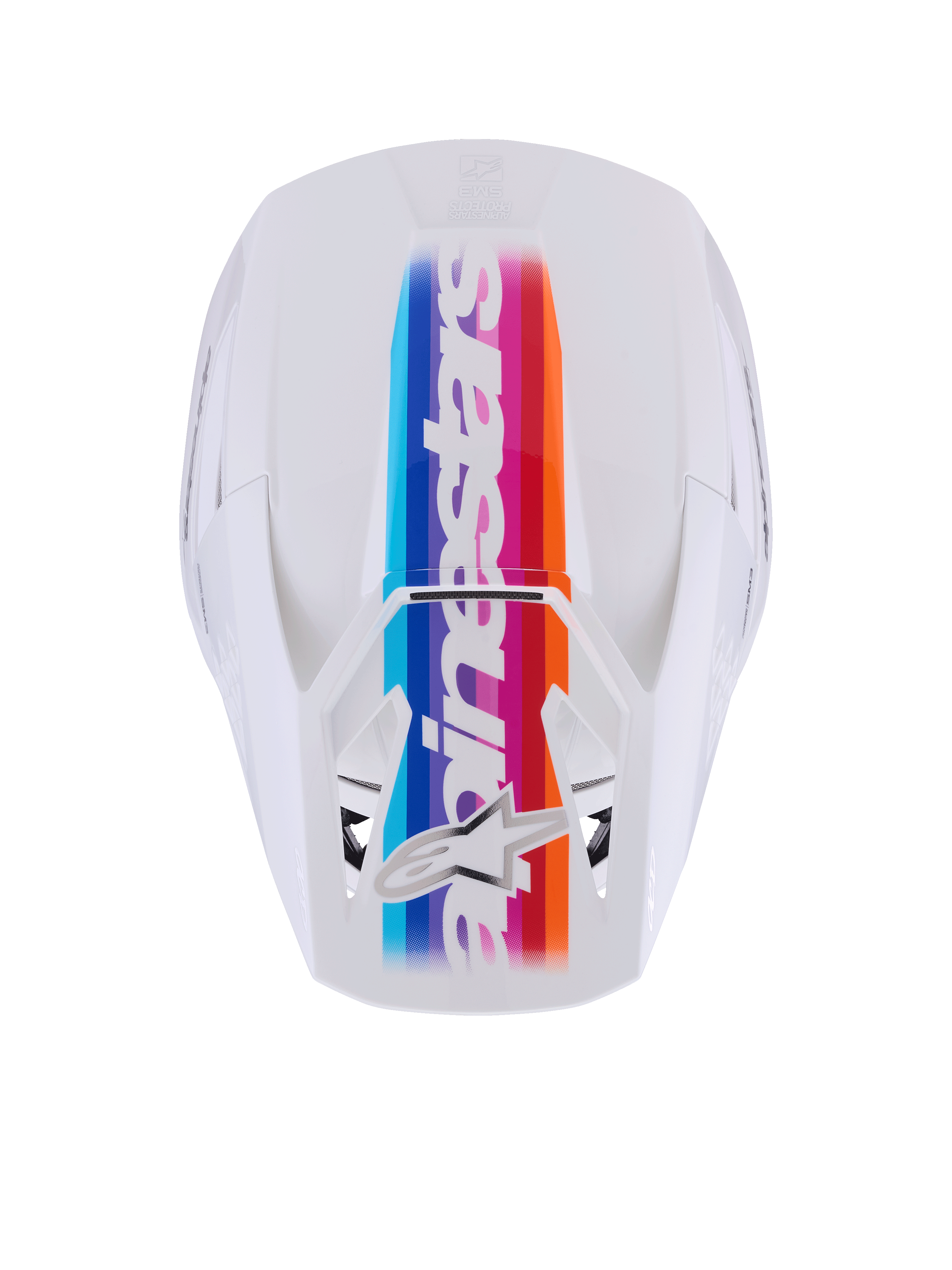 Capacete Alpinestars S-M3 Force OCD, capacete de motocross, branco brilhante, vista superior com uma vibrante risca central multicolorida em azul, roxo, vermelho e laranja, marca Alpinestars branca e logótipo de estrela, proteção de cabeça profissional para off-road