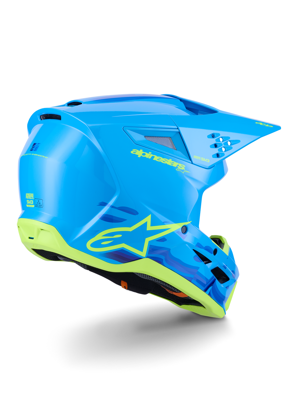 Capacete Alpinestars S-M3 Force OCD, capacete de motocross, ciano brilhante com detalhes em preto e branco, com um design aerodinâmico elegante, aberturas de ventilação integradas e uma viseira protetora para desempenho em todo-o-terreno.