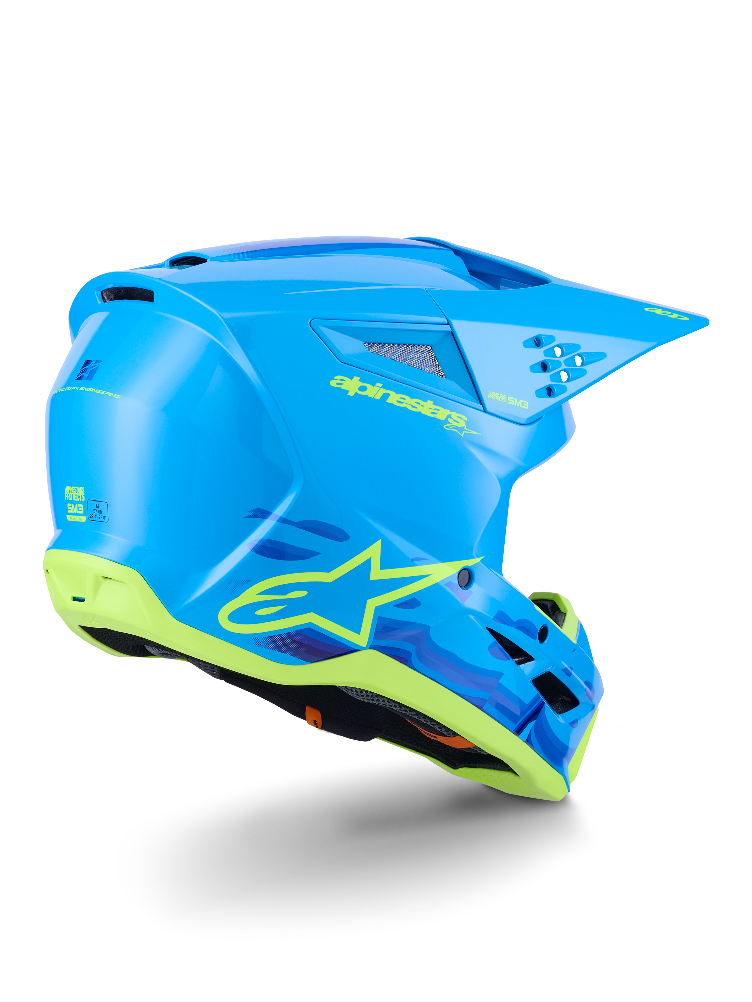 Capacete Alpinestars S-M3 Force OCD, capacete de motocross, ciano brilhante com detalhes em preto e branco, com um design aerodinâmico elegante, aberturas de ventilação integradas e uma viseira protetora para desempenho em todo-o-terreno.
