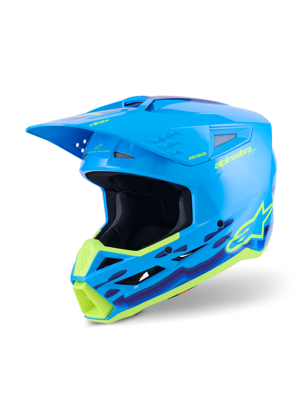 Capacete Alpinestars S-M3 Force OCD, capacete de motocross, ciano brilhante com gráficos ondulados em amarelo néon e roxo, acabamento de alto brilho com logótipo Alpinestars proeminente, concebido para proteção contra impactos em todo-o-terreno e ventilação