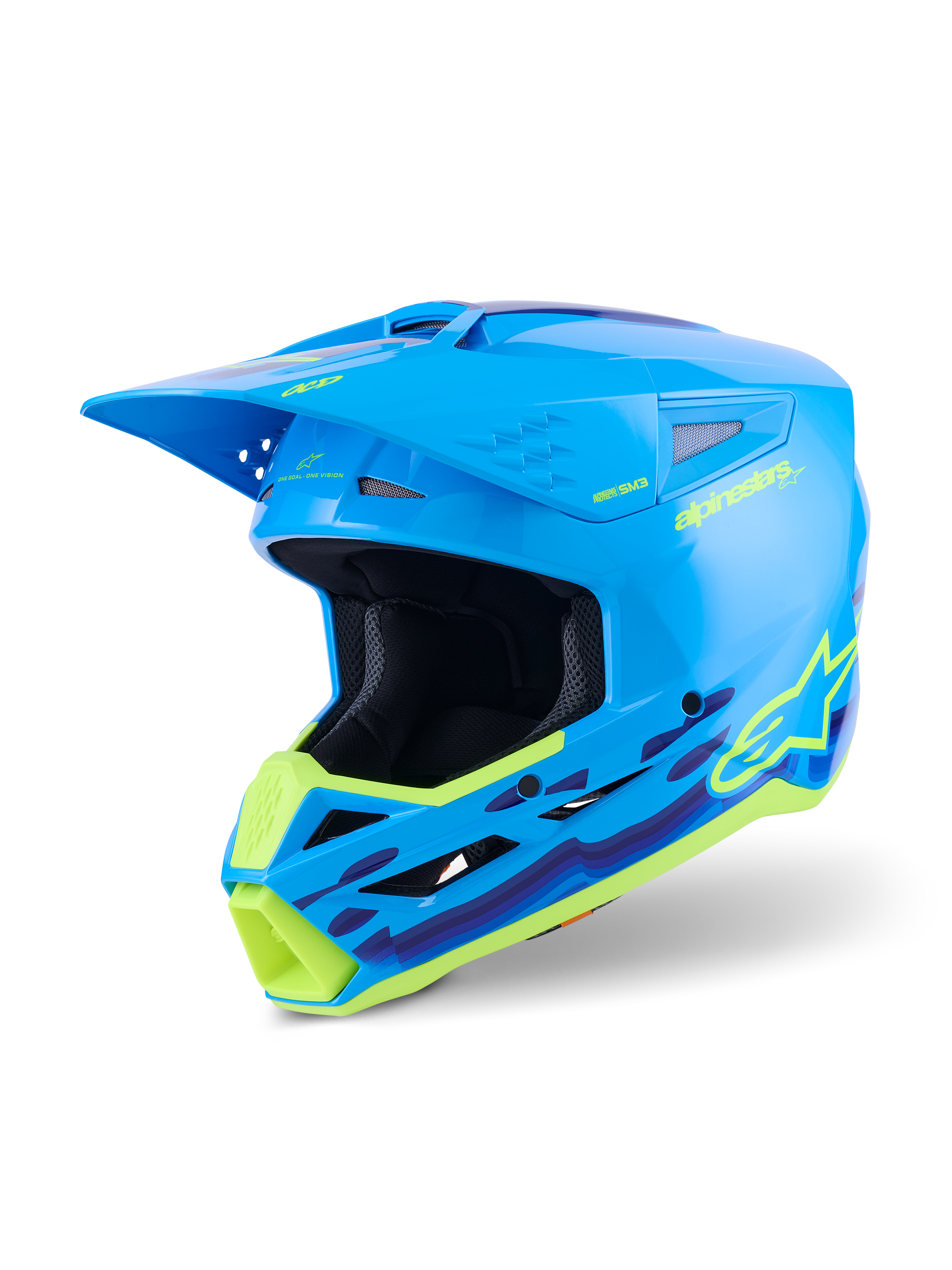Capacete Alpinestars S-M3 Force OCD, capacete de motocross, ciano brilhante com gráficos ondulados em amarelo néon e roxo, acabamento de alto brilho com logótipo Alpinestars proeminente, concebido para proteção contra impactos em todo-o-terreno e ventilação