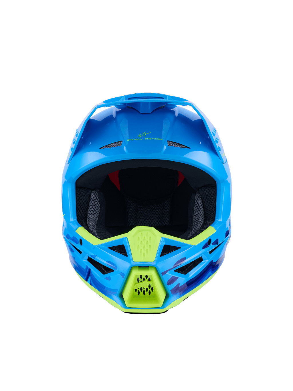 Alpinestars S-M3 Force OCD Helmet, capacete de motocross, ciano brilhante com pormenores amarelo néon, vista frontal, com gráficos camuflados em azul e roxo, aberturas de ventilação agressivas e design de calota aerodinâmico e elegante