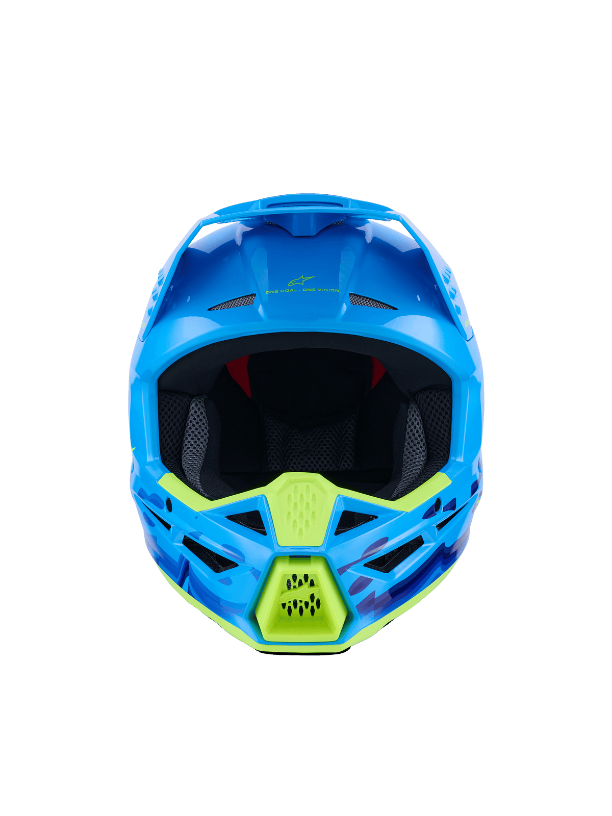 Alpinestars S-M3 Force OCD Helmet, capacete de motocross, ciano brilhante com pormenores amarelo néon, vista frontal, com gráficos camuflados em azul e roxo, aberturas de ventilação agressivas e design de calota aerodinâmico e elegante
